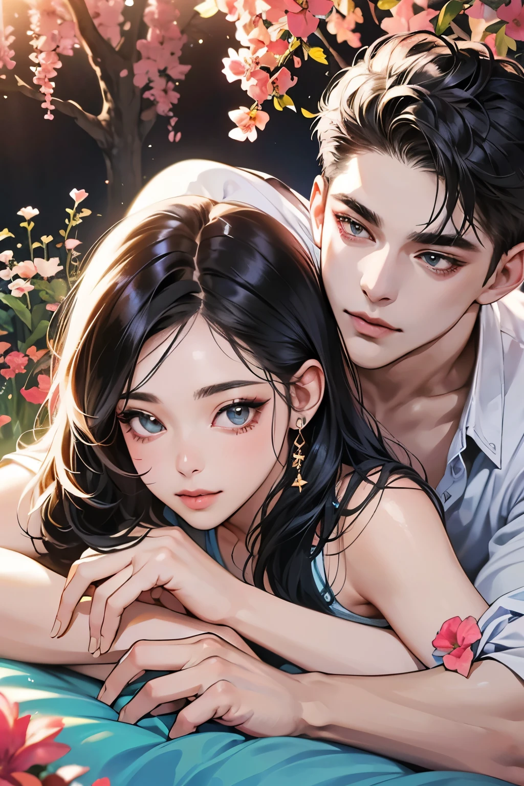 (table top, digital art, digital illustration, 4k, 8k, Super detailed, beautiful images, clear image, realistic, RAW photo, perfect face, perfect lines, perfect eyes, soft lighting) ,1 female, (long black hair,straight hair,bullish look,Beautiful woman,grace,Make up well,23 years old,:1.3),Two handsome men in suits, (human,muscular,solid shoulder width, human,boyish hairstyle,English gentleman'Style,A man in his 30s with a cool expression,28 year old man with a bright 笑顔:1.2),Show your white teeth and 笑顔(embarrassing,shy smile:1.1),garden full of light、Squirting、resort sofa、colorful flowers、couple、coupleキス、romance porn、lie down、ハグし合うcouple