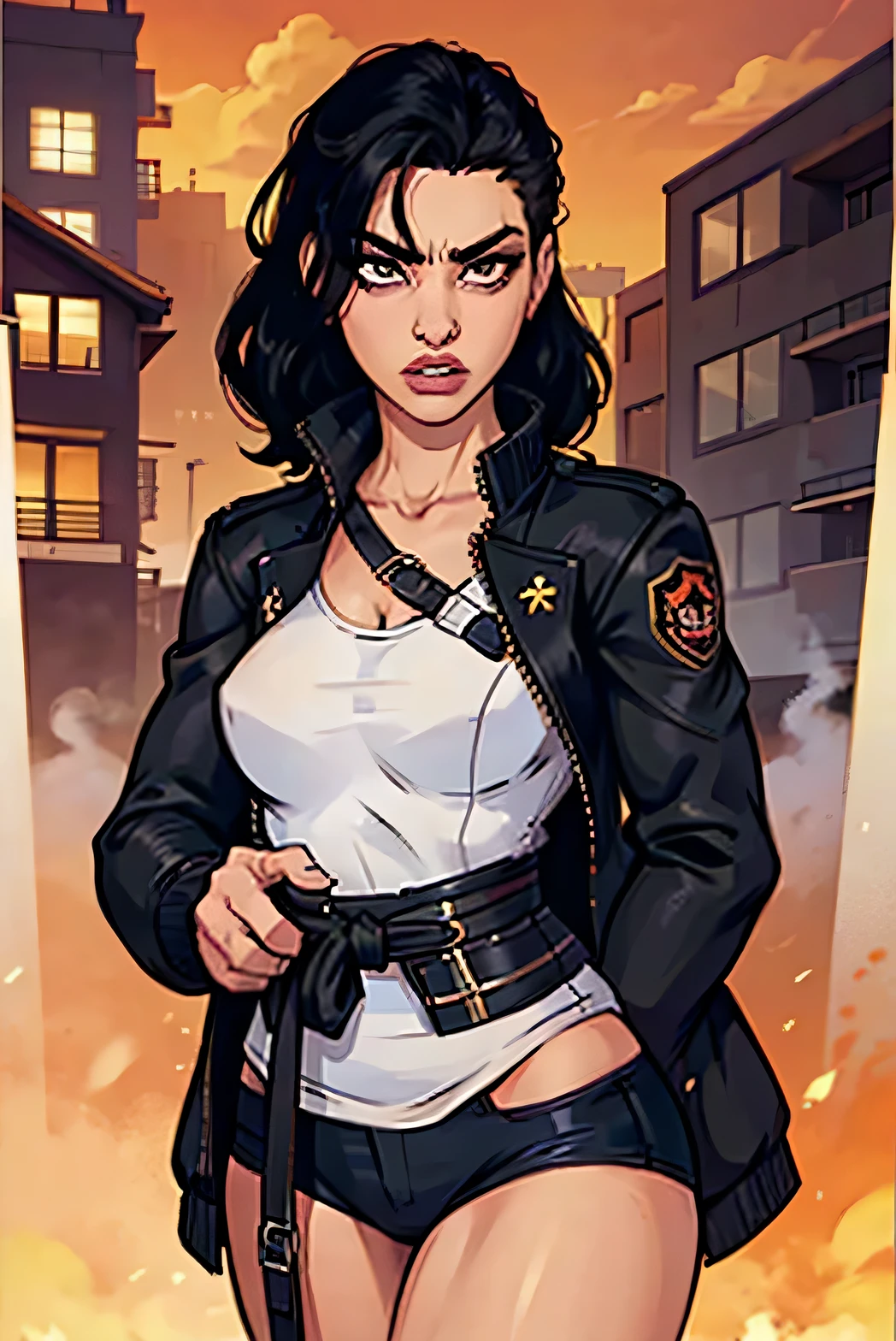 girl, black hair, black jacket, angry, body, 