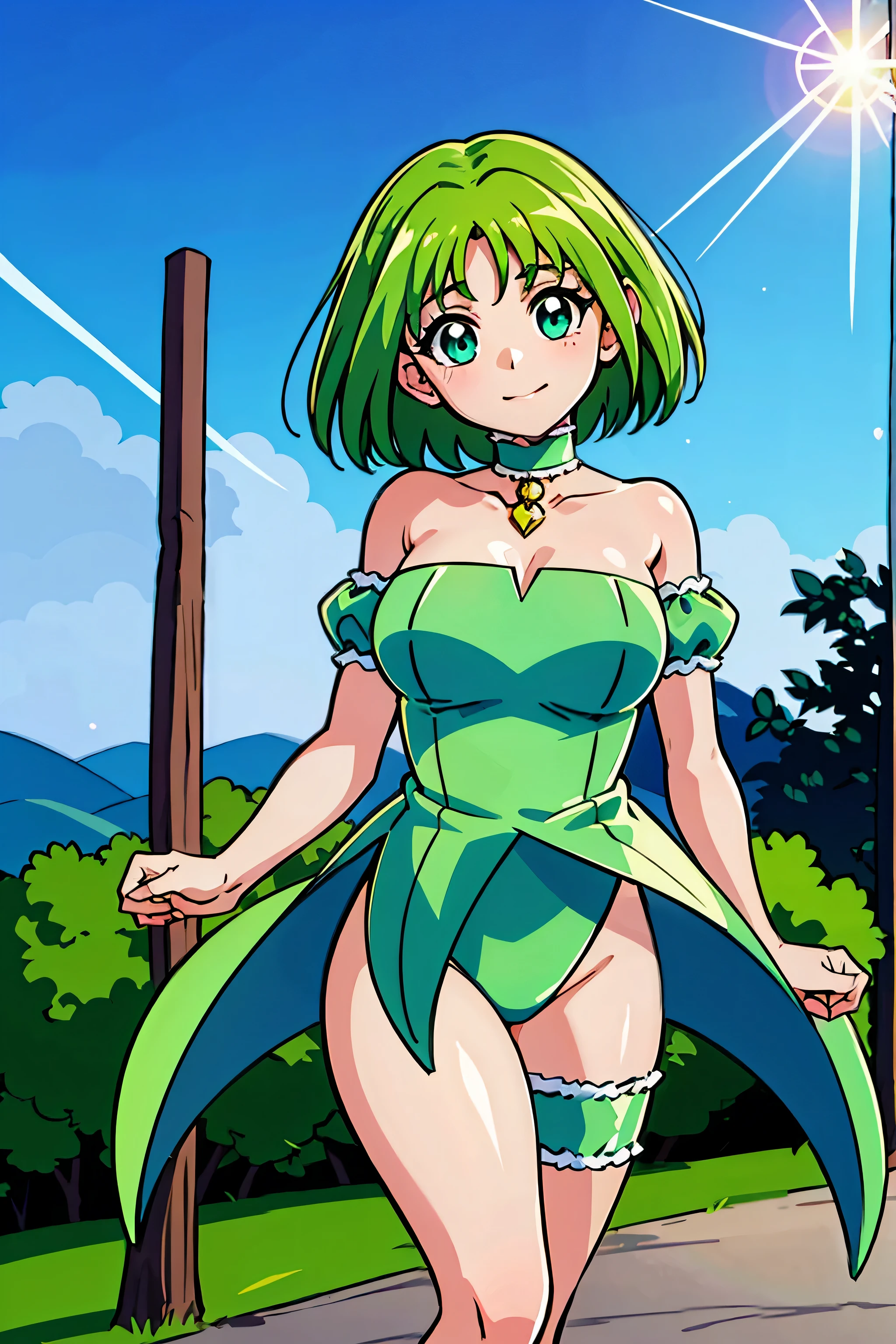 (best quality:1.3),(ultra-detailed:1.5),high resolution,extremely detailed CG,unity 8k wallpaper,official art,detailed,super detailed skin,perfect anatomy,beautiful detailed eyes,(anime screencap:1.1),an extremely delicate and beautiful,90s anime,90s anime style,cel shaded anime,1 girl,anmnr,,Mew lettuce, 
green hair, green eyes, （green leotard：1.52）, green shirt, green choker, bridal garter on left leg, puffy removed sleeve, short hair, hair tube,blue background,boots, choker, removed sleeve, floating hair, green shoes, green theme, Magical girl, plump sleeves, smile, alone
(shining eyes),highly be familiar with eyes,highly be familiar with eyes,focus of the eye,(Carefully crafted brilliance, sky blue lens flare:1.7),(expression of joy:1.51),octane rendering,rainbow paint drop,Woman made of paint,Full Paint,(movie background),splat,splash,dark and blurry background,close,(best lighting, very delicate and beautiful),Detailed beautiful shine,(soft light:1.2),(Soft Money tone lighting),Warm and soft lighting,dramatic light,((cinematic light)),ambient occlusion,ambient light,violently,powerful,Absolutely eye-catching splashes of color,((caustic)),raytraced reflections,light shines,waiting for happiness to begin,dutch angle,