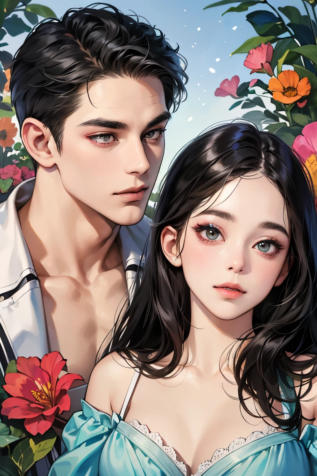 (table top, digital art, digital illustration, 4k, 8k, Super detailed, beautiful images, clear image, realistic, RAW photo, perfect face, perfect lines, perfect eyes, soft lighting) ,1 female, (long black hair,straight hair,bullish look,Beautiful woman,grace,Make up well,23 years old,:1.3),Two handsome men in suits, (human,muscular,solid shoulder width, human,boyish hairstyle,English gentleman'Style,A man in his 30s with a cool expression,28 year old man with a bright 笑顔:1.2),Show your white teeth and 笑顔(embarrassing,shy smile:1.1),garden full of light、Squirting、resort sofa、colorful flowers、couple、coupleキス、romance porn、lie down、ハグし合うcouple