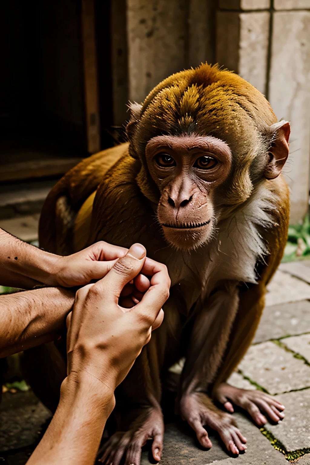 monkey giving hand to another monkey