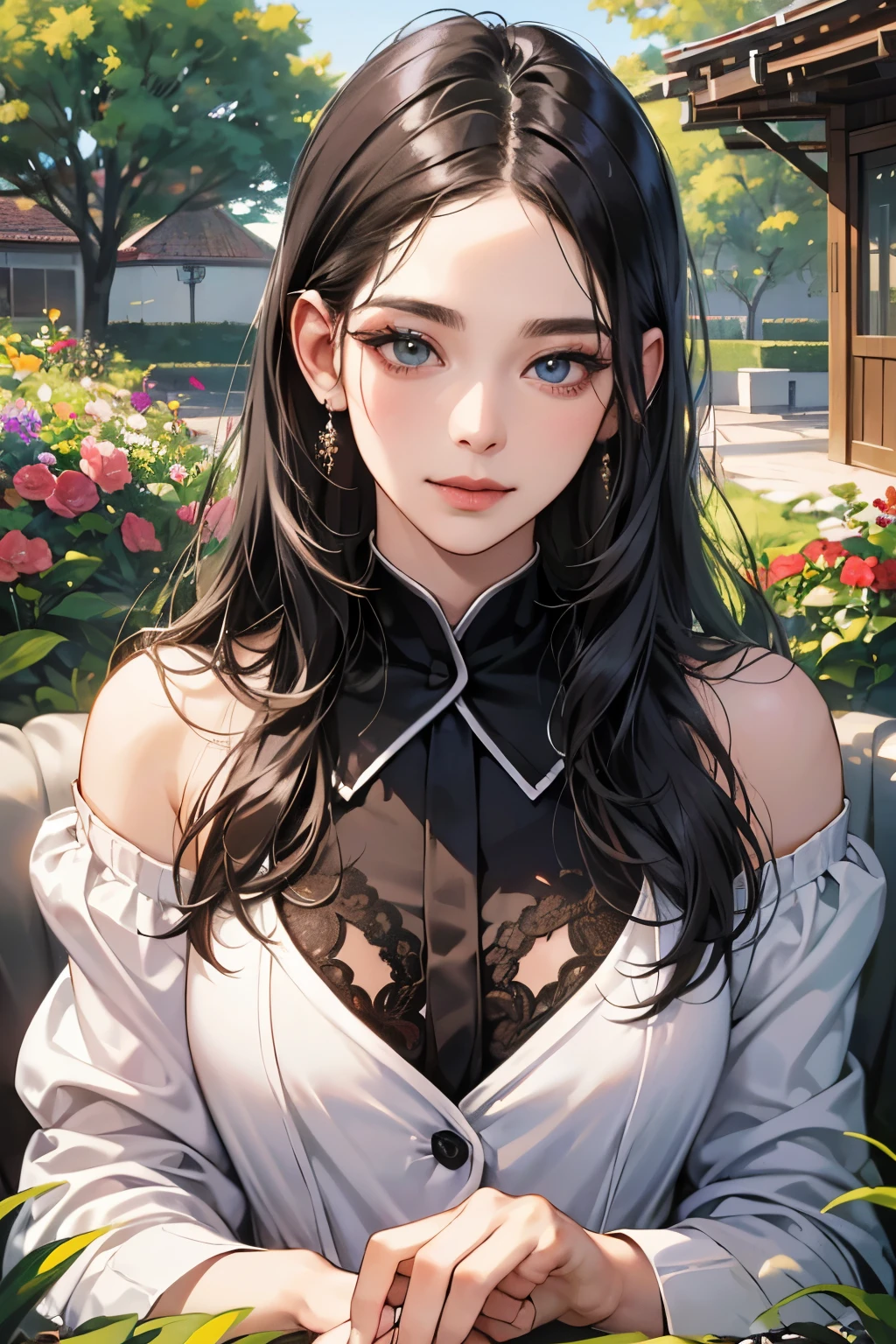 (table top, digital art, digital illustration, 4k, 8k, Super detailed, beautiful images, clear image, realistic, RAW photo, perfect face, perfect lines, perfect eyes, soft lighting) ,1 female, (long black hair,straight hair,bullish look,Beautiful woman,grace,Make up well,23 years old,:1.3),Two handsome men in suits, (human,muscular,solid shoulder width, human,boyish hairstyle,English gentleman'Style,A man in his 30s with a cool expression,28 year old man with a bright 笑顔:1.2),Show your white teeth and 笑顔(embarrassing,shy smile:1.1),garden full of light、Squirting、resort sofa、colorful flowers、couple、coupleキス、romance porn、lie down、ハグし合うcouple