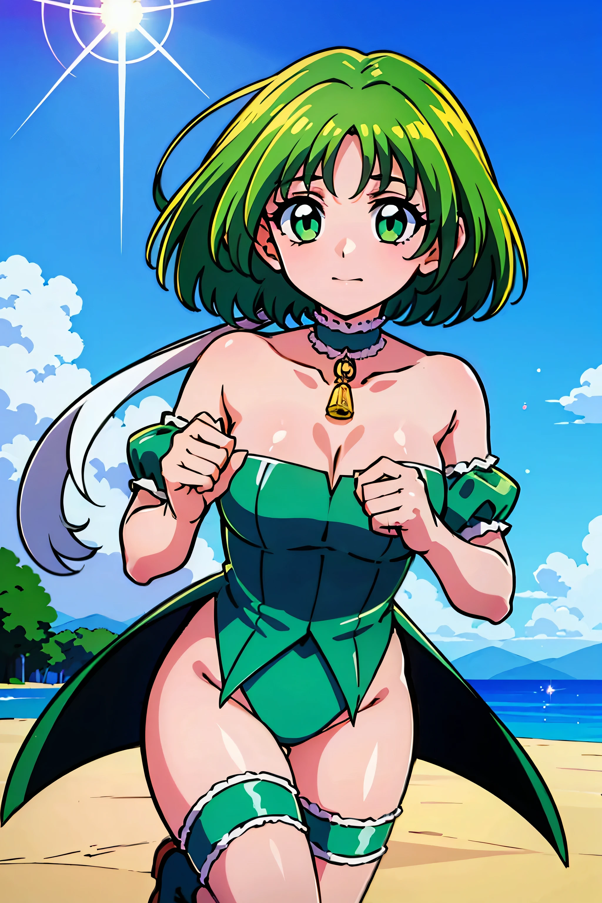 (best quality:1.3),(ultra-detailed:1.5),high resolution,extremely detailed CG,unity 8k wallpaper,official art,detailed,super detailed skin,perfect anatomy,beautiful detailed eyes,(anime screencap:1.1),an extremely delicate and beautiful,90s anime,90s anime style,cel shaded anime,1 girl,anmnr,,Mew lettuce, 
green hair, green eyes, （green leotard：1.52）, green shirt, green choker, bridal garter on left leg, puffy removed sleeve, short hair, hair tube,blue background,boots, choker, removed sleeve, floating hair, green shoes, green theme, Magical girl, plump sleeves, smile, alone
(shining eyes),highly be familiar with eyes,highly be familiar with eyes,focus of the eye,(Carefully crafted brilliance, sky blue lens flare:1.7),(expression of joy:1.51),octane rendering,rainbow paint drop,Woman made of paint,Full Paint,(movie background),splat,splash,dark and blurry background,close,(best lighting, very delicate and beautiful),Detailed beautiful shine,(soft light:1.2),(Soft Money tone lighting),Warm and soft lighting,dramatic light,((cinematic light)),ambient occlusion,ambient light,violently,powerful,Absolutely eye-catching splashes of color,((caustic)),raytraced reflections,light shines,waiting for happiness to begin,dutch angle,