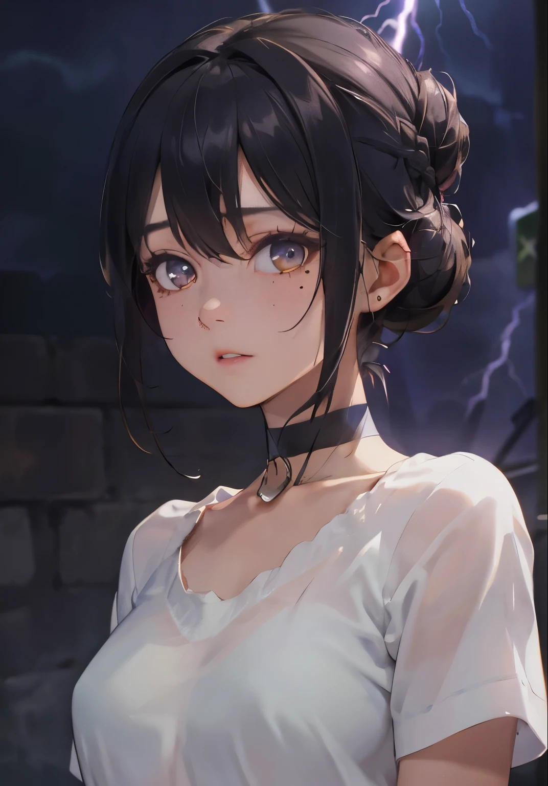 ((masterpiece)), ((ultra-detailed)), pixiv, best shadows, best lighting, best quality, absurdres, highres, cinematic shot, rim lightning, , dark lightning, 1girl, solo, black hair, choker, black choker, looking at viewer, hair bun, medium hair, single hair bun, shirt, mole under mouth, purple background, upper body, hair between eyes, mole