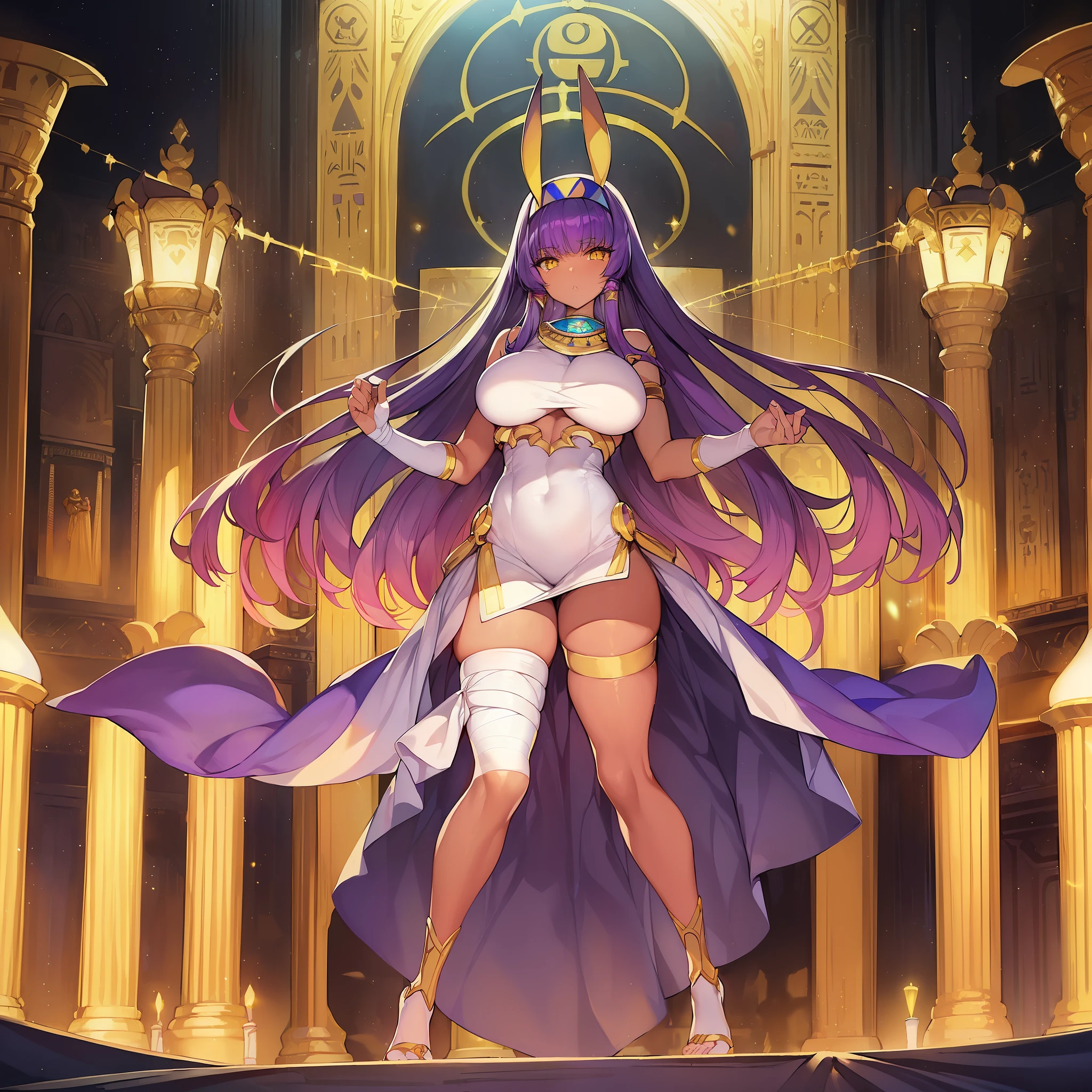 (masterpiece、highest quality:1.2)、solo、１people、Nitocris Alter、fgo、(stage 2、Luminous legs、bandage:1.4)、big tits milf、big tits milf、big tits milf、エジプトpeople、dark skin woman、egyptian clothing、yellow eyes、bangs、short hair、gray hair、jackel ears、facial pattern、