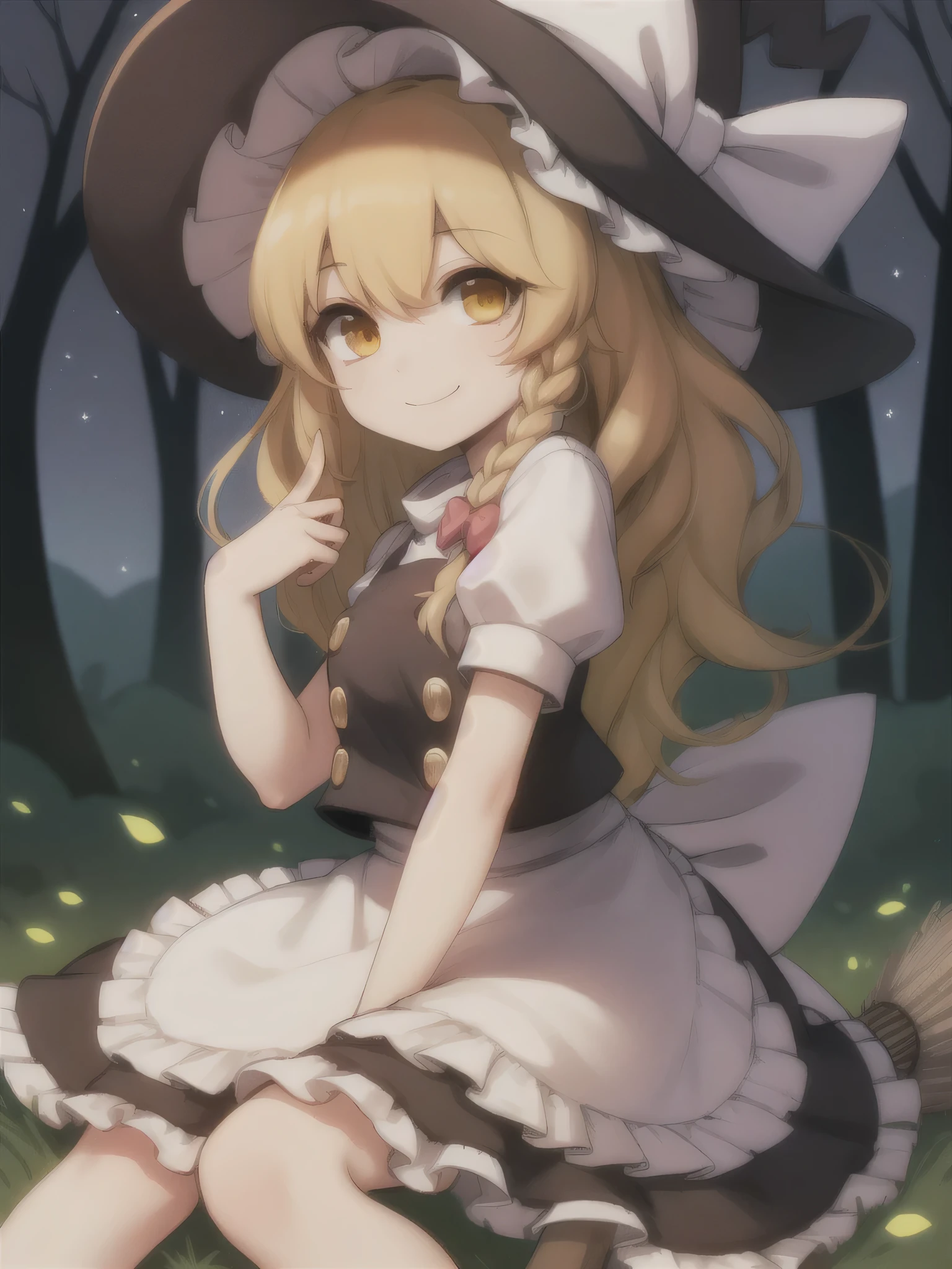 (masterpiece, highest quality:1.2), very detailed, soft ambient lighting, sharp focus, 4k, BREAK kirisame marisa, 1 girl, blonde hair, witch hat, yellow eyes, long hair, vest, apron, bow, short sleeve, hat bow, Braid, plump sleeves, skirt, rest outdoors, forest, at night, starry sky, looking at the viewer, gentle smile, Sitting on a broom,
