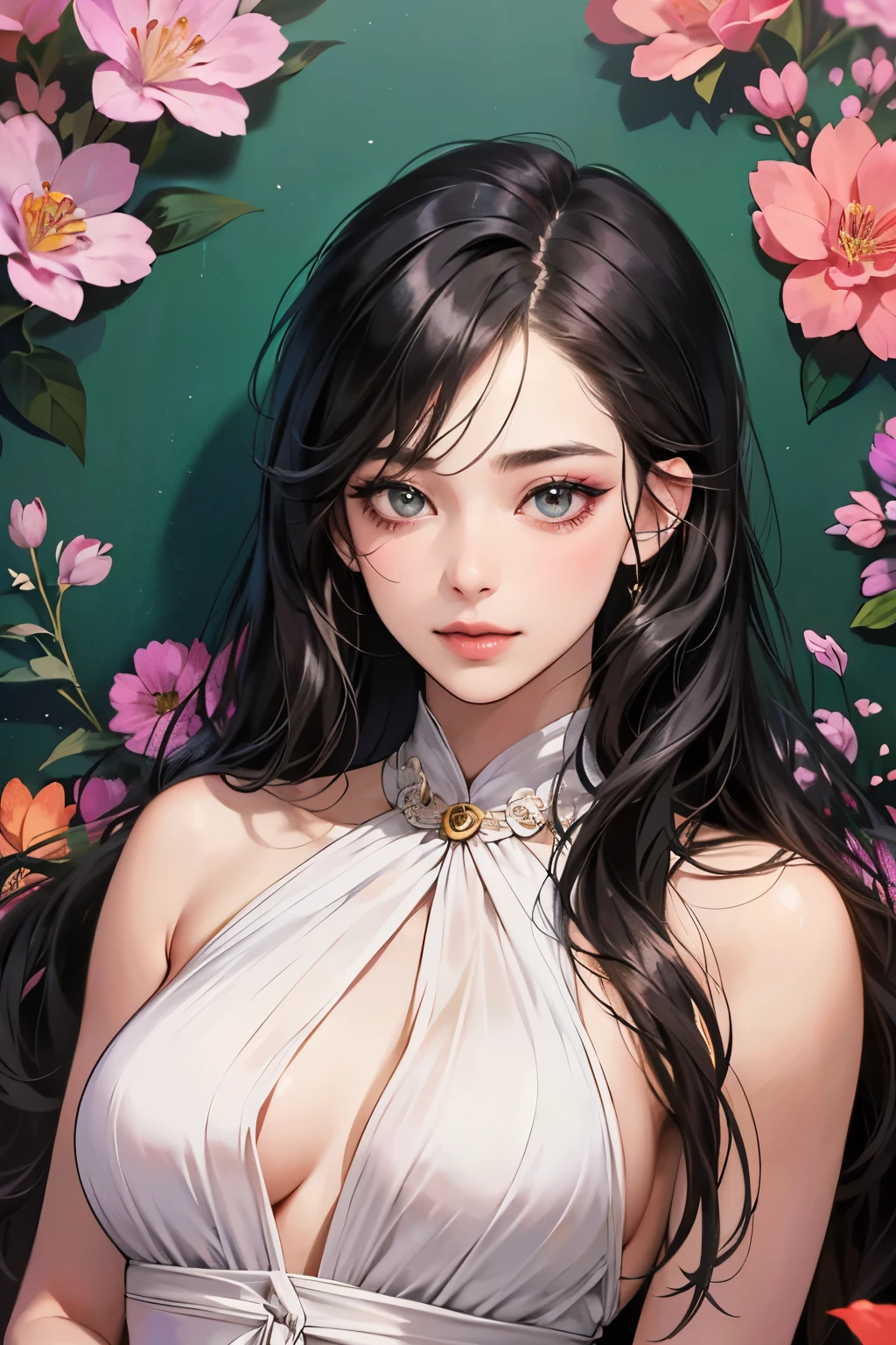 (table top, digital art, digital illustration, 4k, 8k, Super detailed, beautiful images, clear image, realistic, RAW photo, perfect face, perfect lines, perfect eyes, soft lighting) ,1 female, (long black hair,straight hair,bullish look,Beautiful woman,grace,Make up well,23 years old,:1.3),Two handsome men in suits, (human,muscular,solid shoulder width, human,boyish hairstyle,English gentleman'Style,A man in his 30s with a cool expression,28 year old man with a bright 笑顔:1.2),Show your white teeth and 笑顔(embarrassing,shy smile:1.1),garden full of light、Squirting、resort sofa、colorful flowers、couple、coupleキス、romance porn、lie down、ハグし合うcouple