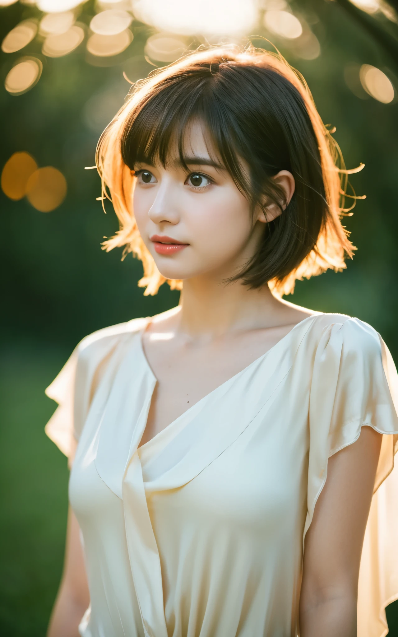 masterpiece, Best Quality, 8K, 20 yo, (Large breast:1.2), cuddly, Solo, sad, close up, Cute, Girly, Delicate girl, Neat and clean beauty,  Raw photo, Professional Photography, Portrait, Soft light, Professional Lighting, Back lighting, Upper body, Looking away, Sophisticated, Film grain, (Eyes and faces with detailed:1.0), beautiful straight hair, Medium length hair swaying in the wind, silk blouse,