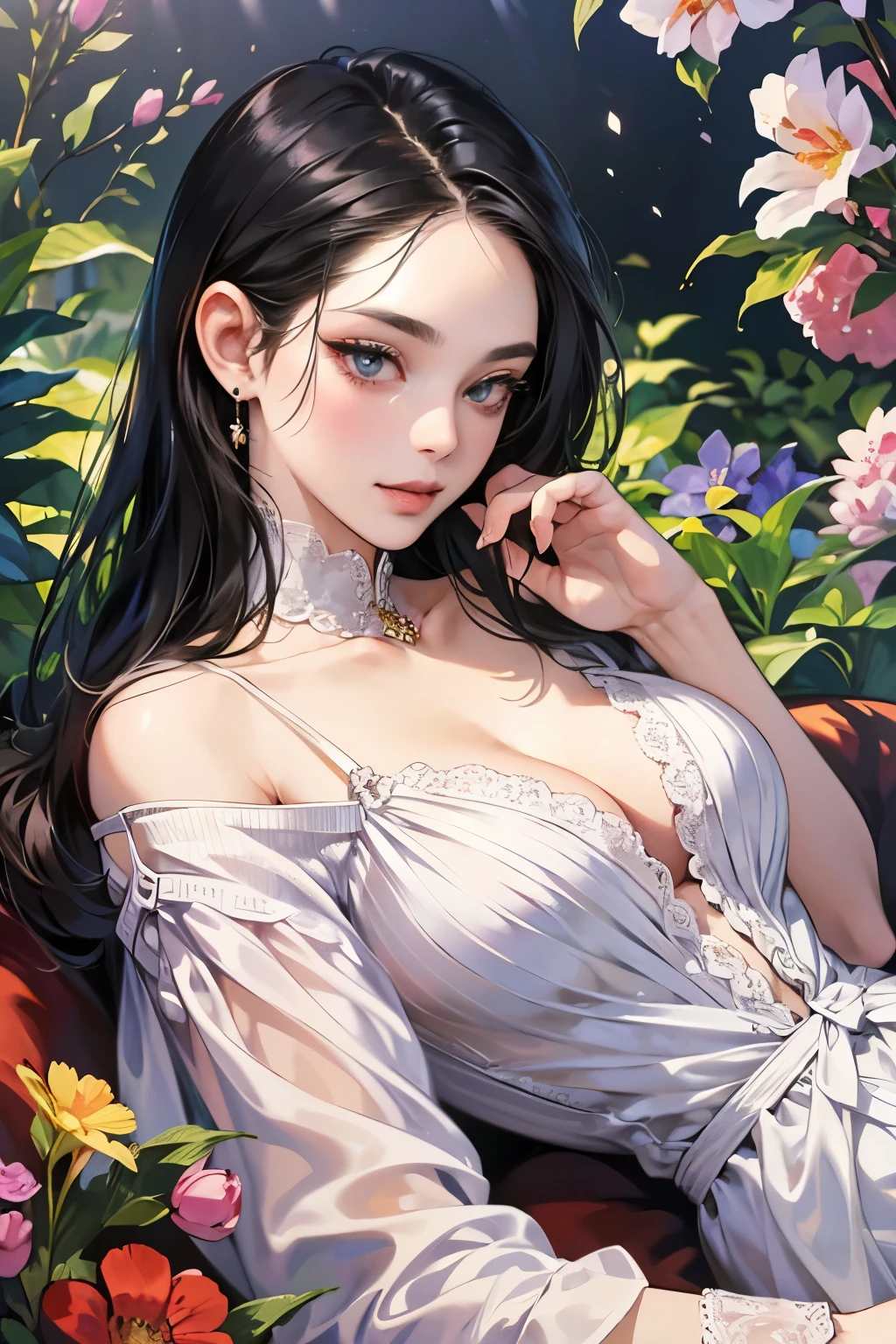 (table top, digital art, digital illustration, 4k, 8k, Super detailed, beautiful images, clear image, realistic, RAW photo, perfect face, perfect lines, perfect eyes, soft lighting) ,1 female, (long black hair,straight hair,bullish look,Beautiful woman,grace,Make up well,23 years old,:1.3),Two handsome men in suits, (human,muscular,solid shoulder width, human,boyish hairstyle,English gentleman'Style,A man in his 30s with a cool expression,28 year old man with a bright 笑顔:1.2),Show your white teeth and 笑顔(embarrassing,shy smile:1.1),garden full of light、Squirting、resort sofa、colorful flowers、couple、coupleキス、romance porn、lie down、ハグし合うcouple