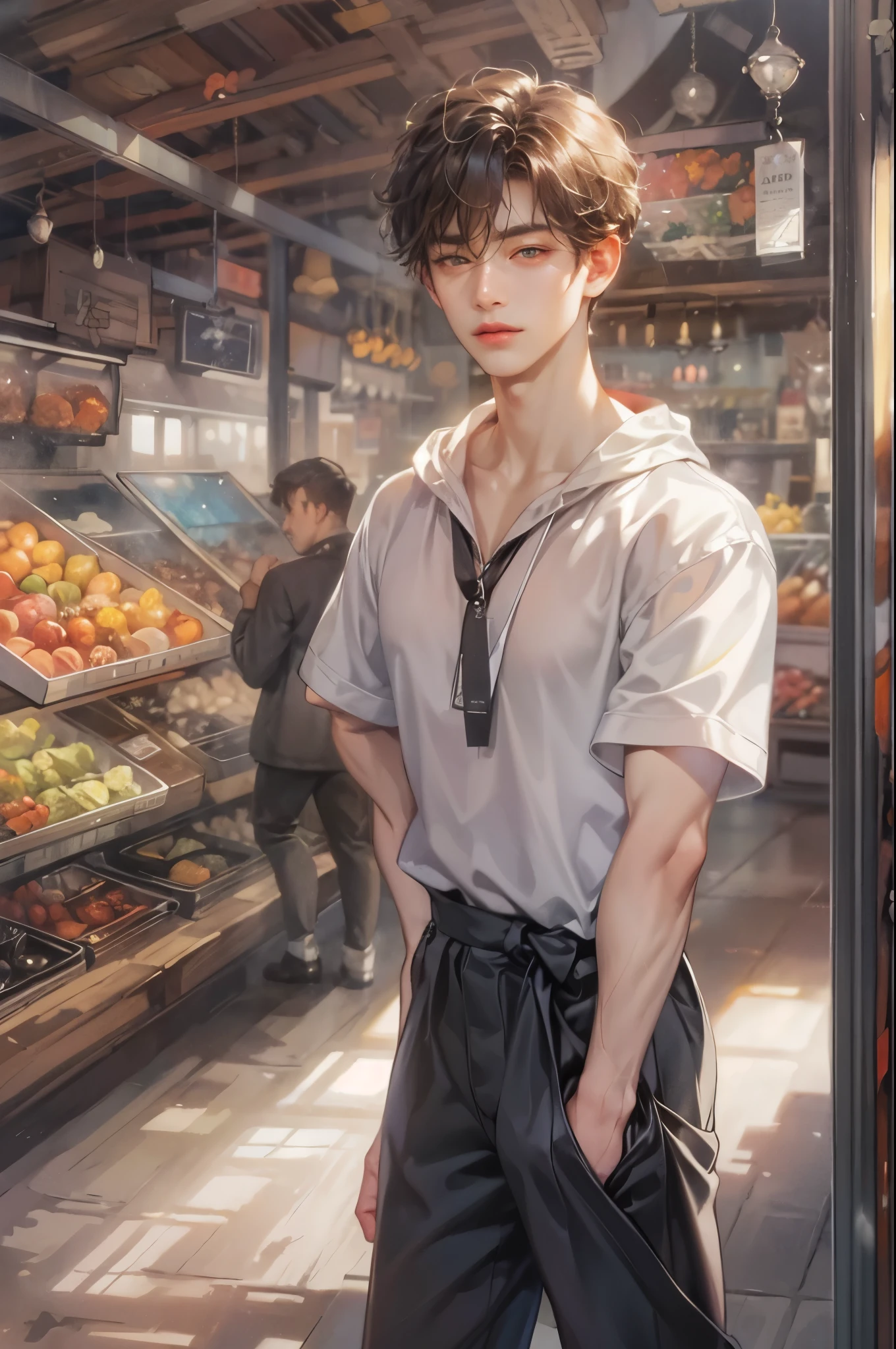 ((Best quality)), ((masterpiece)), (detailed), ((perfect face)), ((halfbody)) handsome face, male, teen boy, perfect proportions , an artwork created by nardack, casual outfit, detailed market interior scenery background