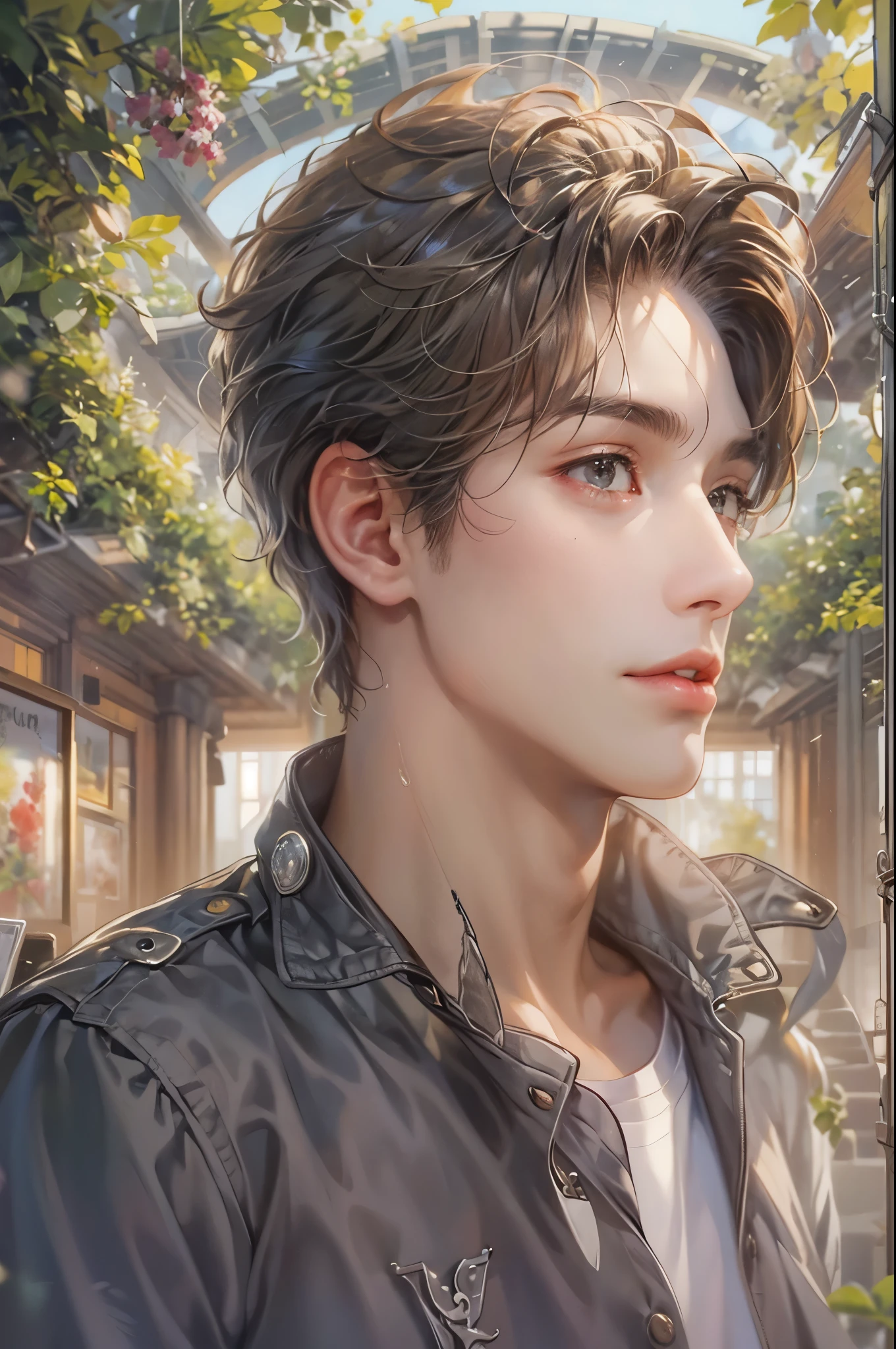 ((Best quality)), ((masterpiece)), (detailed), ((perfect face)), ((halfbody)) handsome face, male, teen boy, perfect proportions , an artwork created by nardack, casual outfit, detailed market interior scenery background