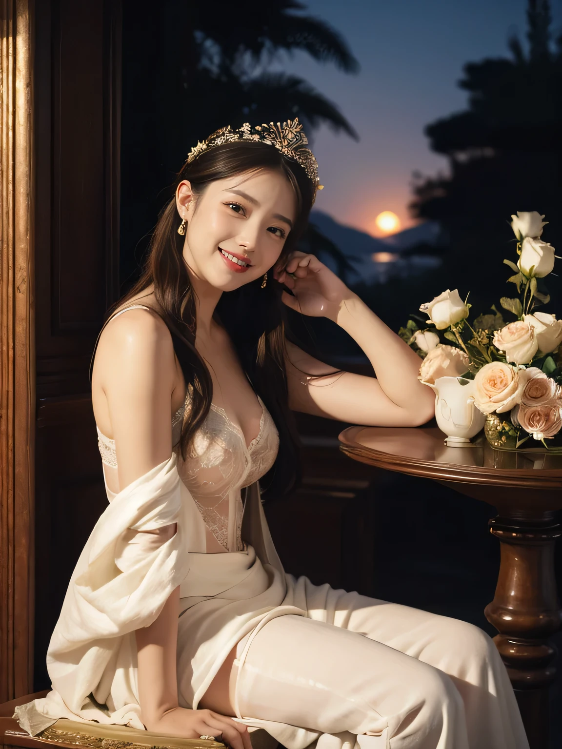Giorgione painting style,Arguments of two female P、roses in vase、fruits、Cute trinkets、smile、ancient greek costume、Background is a forest lake at night 、Clothes that stretch your shoulders、Sexy lingerie,A big smile、beautiful bare skin,Woman singing with sheet music 