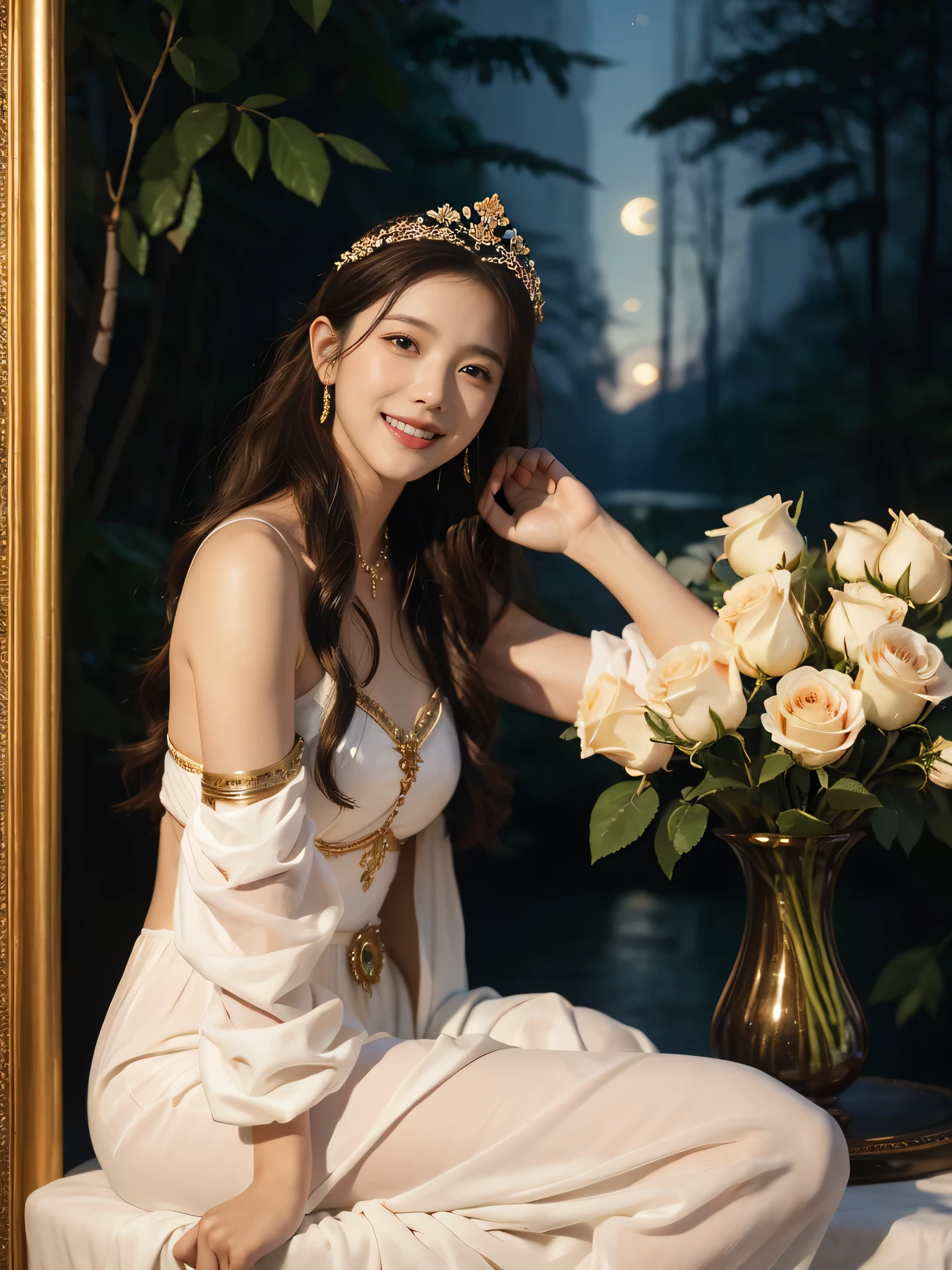 Giorgione painting style,Arguments of two female P、roses in vase、fruits、Cute trinkets、smile、ancient greek costume、Background is a forest lake at night 、Clothes that stretch your shoulders、A big smile、beautiful bare skin,Woman singing with sheet music