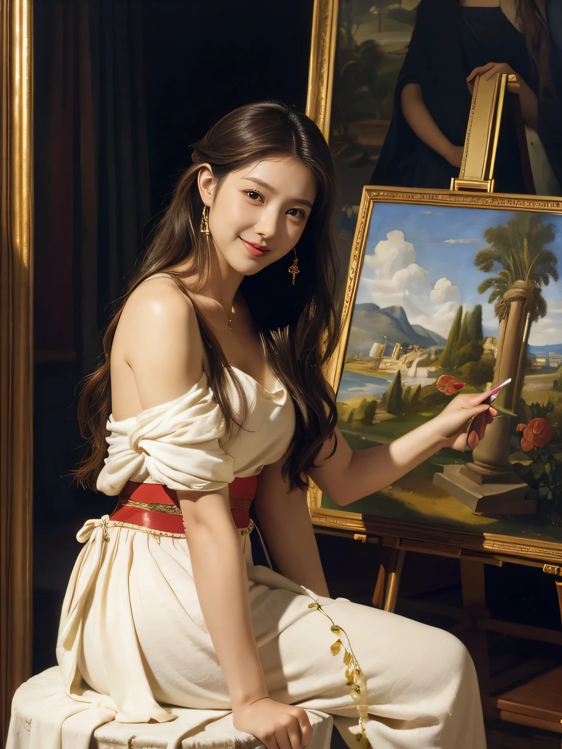 Giorgione painting style,roses in vase、fruits、Cute trinkets、smile、ancient greek costume、Clothes that stretch your shoulders、A big smile、beautiful bare skin,Female painter painting oil in her studio,Woman painting in oil with oil brush and palette,Woman painting oil on canvas