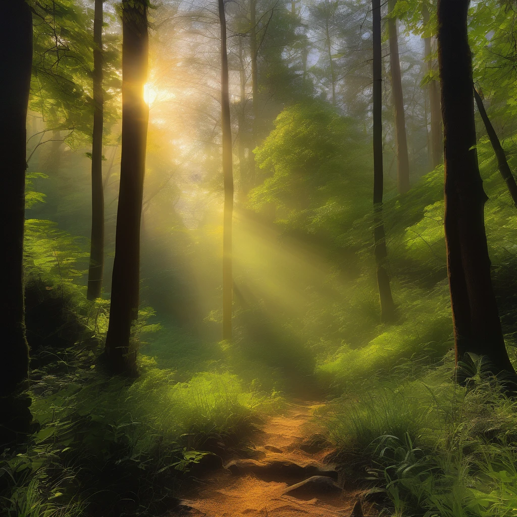 Tyndall Effect, aesthetic, extremely detailed, forest, early morning mist, sun rays piercing through, Tyndall effect, ethereal ambiance, (painting-like:1.2, luminescent:1.4), (Best quality:1.5, masterpiece:1.5).