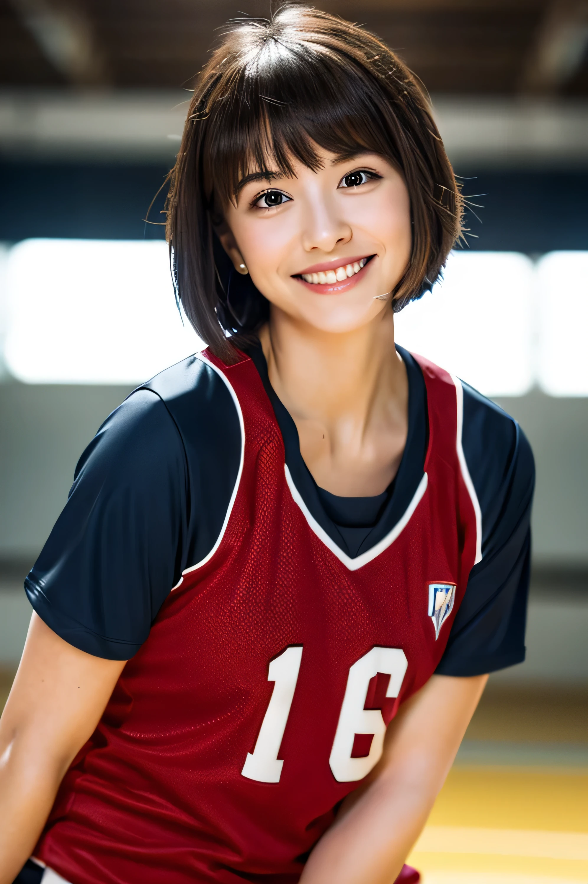 highest quality, masterpiece, ultra high resolution, 8k, born, (photo-realistic:1.4), professional lighting, Depth of the bounds written, (detailed background:1.5), (indoor, sports Center), Tight, dynamic pose, 1 girl, cute, smile, Sweat, big black eyes, open your mouth, small breasts, short hair, short bangs, fine clothes, (volleyball uniform)