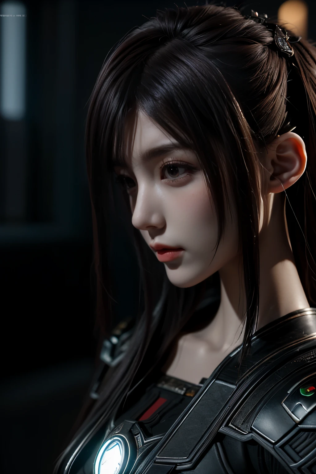 Masterpiece,Game art,The best picture quality,Highest resolution,8K,(Portrait),Unreal Engine 5 rendering works,(Digital Photography),((Portrait Feature:1.5)),
20 year old girl,Short hair details,With long bangs,(The red eye makeup is very meticulous),(With long gray hair:1.4),(Large, full breasts),Elegant and noble,Brave and charming,
(Future armor combined with the characteristics of ancient Chinese armor,Hollow design,Power Armor,The mysterious Eastern runes,A delicate dress pattern,A flash of magic),Warrior of the future,Cyberpunk figures,Background of war,
Movie lights,Ray tracing,Game CG,((3D Unreal Engine)),OC rendering reflection pattern