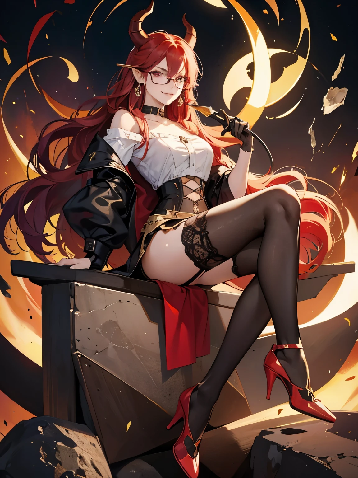 8k, masterpiece, best quality, 1girl, tiefling, warlock, crimson hair, long hair, glasses, earrings, mole under eye, sexy, black and gold clothes, miniskirt, garter belt, high heels, navel, white shirt, collar bone, holding whip, villainous, smirk, flirtatious, tail, fullbody view, looking at viewer, white stocking.