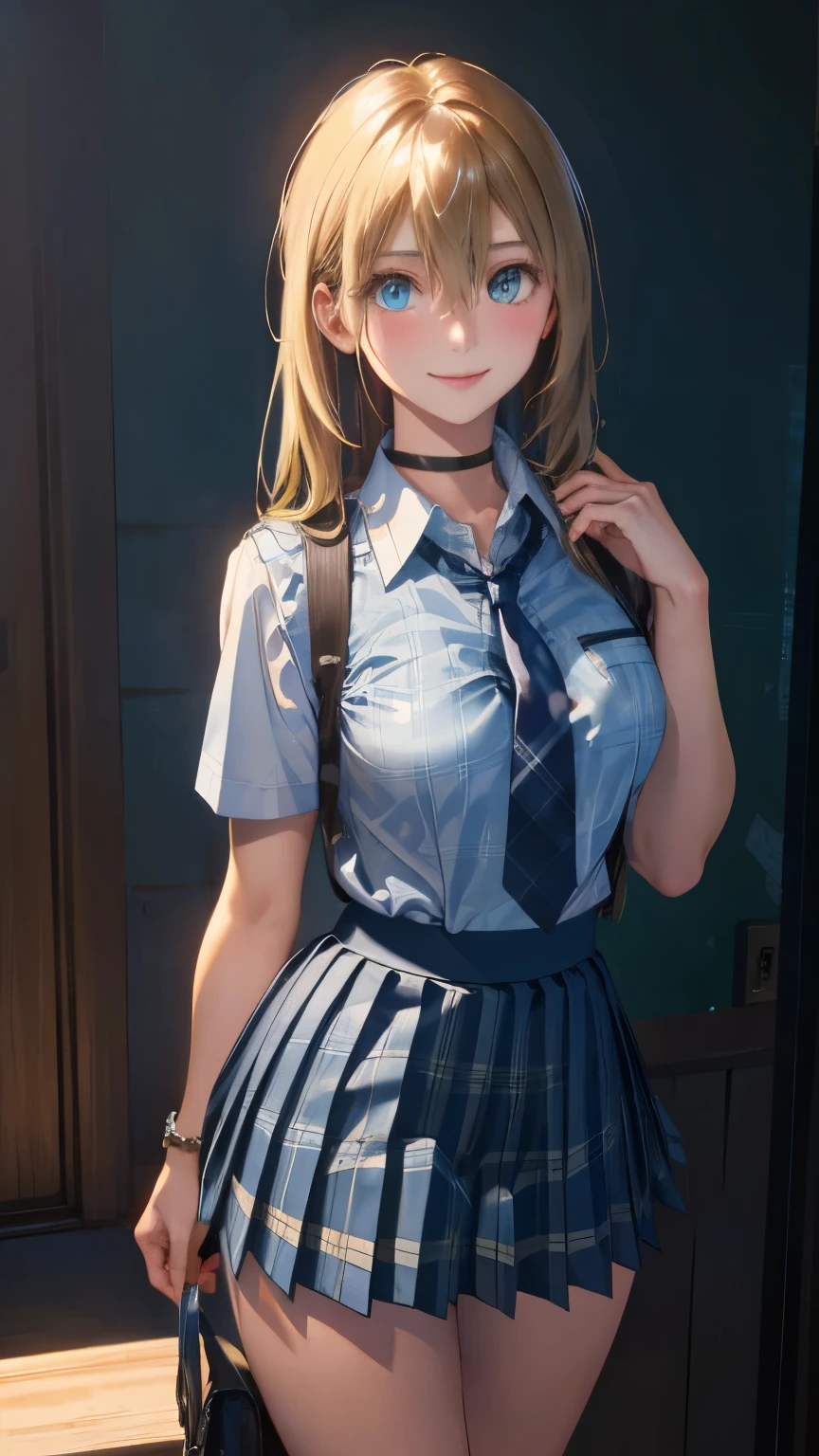 (masterpiece:1.2, top-quality), (realistic, photorealistic:1.4), beautiful illustration, (natural side lighting, movie lighting), 
looking at viewer, full body, 1 girl, japanese, high school girl, perfect face, cute and symmetrical face, suntan, shiny skin, 
(long hair:1.5, straight hair:1.4, blond hair), hair between eyes, emerald green eyes, long eye lasher, (large breasts:0.6), 
beautiful hair, beautiful face, beautiful detailed eyes, beautiful clavicle, beautiful body, beautiful chest, beautiful thigh, beautiful legs, beautiful fingers, 
((collared short sleeve shirt, light blue shirt, school uniform, grey plaid pleated skirt, navy tie), black choker, wrist chakra), light blue panties, 
(beautiful scenery), school, (liftting skirt, standing, open legs), (seductive smile, in heat), 