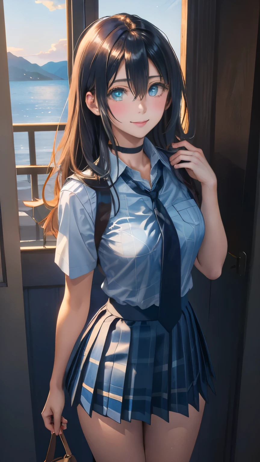 (masterpiece:1.2, top-quality), (realistic, photorealistic:1.4), beautiful illustration, (natural side lighting, movie lighting),
looking at viewer, full body, 1 girl, japanese, high school girl, perfect face, cute and symmetrical face, suntan, shiny skin,
(long hair:1.5, straight hair:1.4, blond hair), hair between eyes, emerald green eyes, long eye lasher, (large breasts:0.6),
beautiful hair, beautiful face, beautiful detailed eyes, beautiful clavicle, beautiful body, beautiful chest, beautiful thigh, beautiful legs, beautiful fingers,
((collared short sleeve shirt, light blue shirt, school uniform, grey plaid pleated skirt, navy tie), black choker, wrist chakra), light blue panties,
(beautiful scenery), school, (liftting skirt, standing, open legs), (seductive smile, in heat),