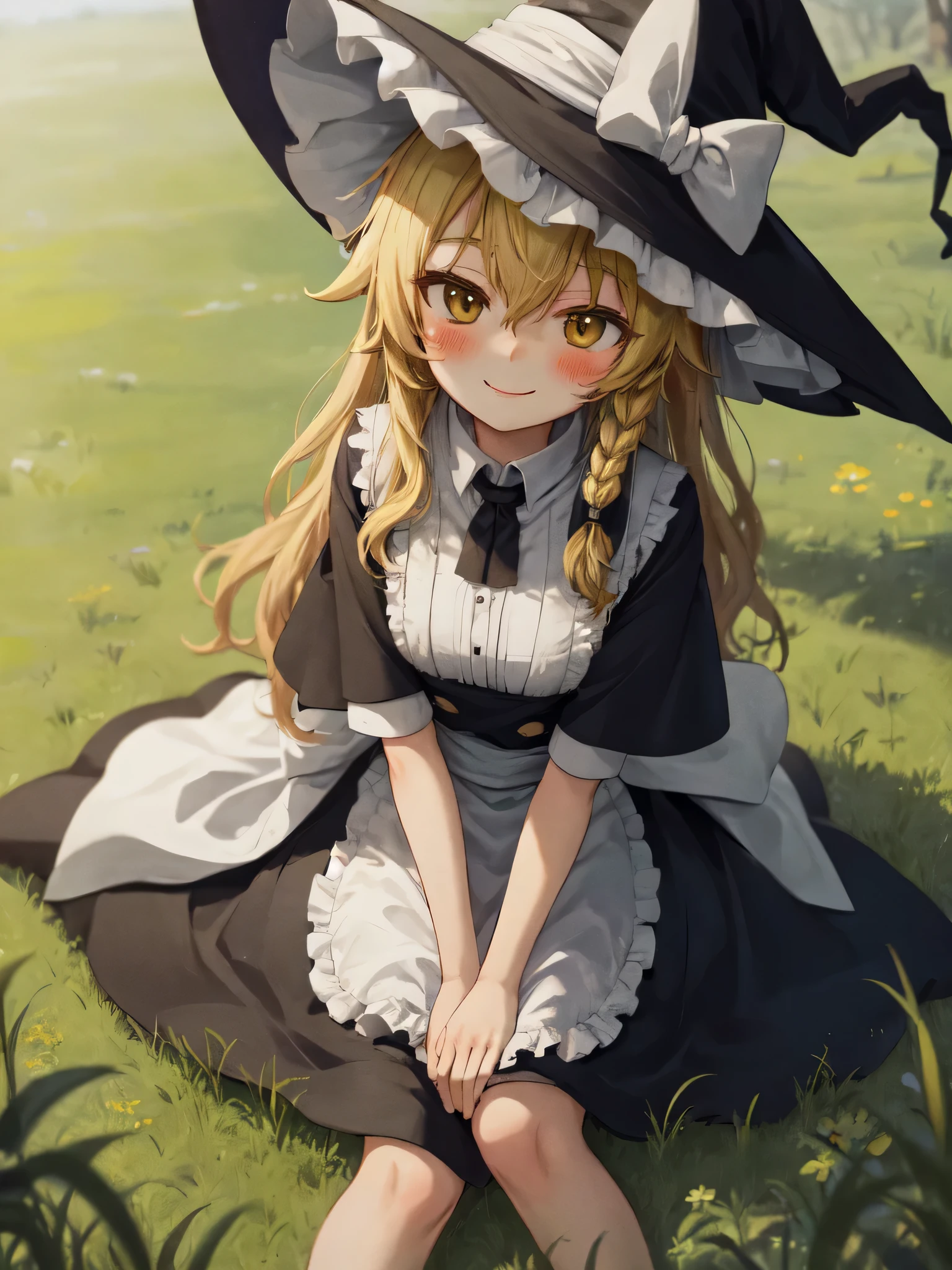 kirisame marisa, blush, single blade, outdoors, sitting, smile, look up, Grass, throw, Depth of the bounds written, witch hat