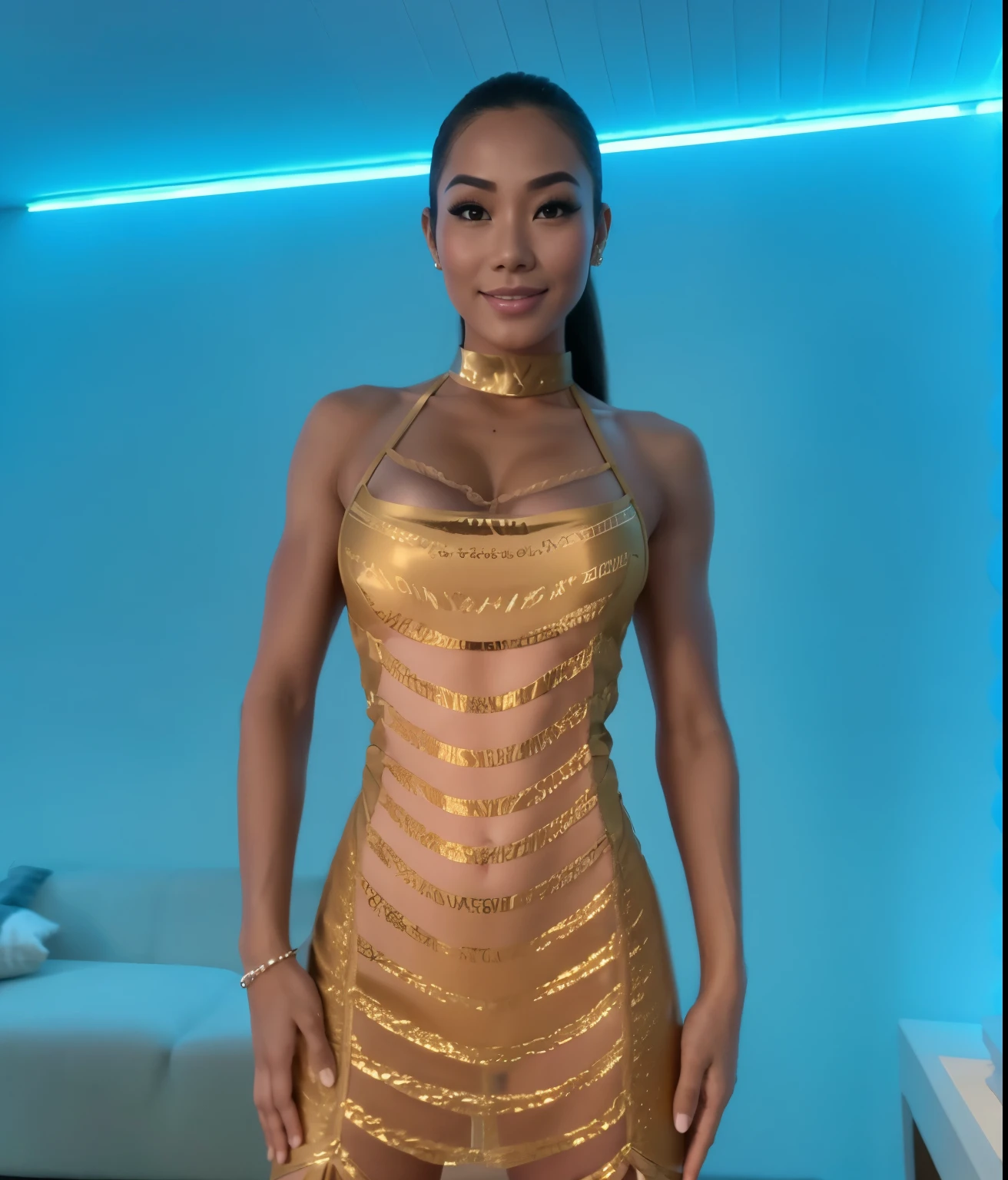 Young Thai woman, Fit physique, fitness physique, portant de la lingerie noire sexy, watch on the canapé, les jambes ouvertes, corps sexy, (8K), (best quality), (chef-d&#39;artwork:1.3), (realistic), (Photorealistic:1.34), ultra-detailed, [Beautiful detailed eyes], (sourire), (sourire), (beautiful detailed nose), [cheveux blonds très longs], (haut court), lingerie noire, (superbes seins taille normale), (gros plan), profondeur de champ, full body view, sitting on the sofa, legs spread, montrant l&#39;entrejambe, pieds en l'air