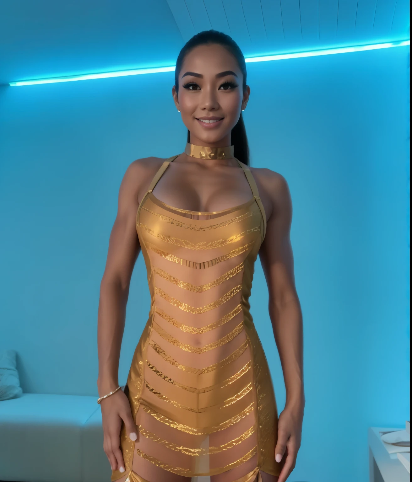 Young Thai woman, Fit physique, fitness physique, portant de la lingerie noire sexy, watch on the canapé, les jambes ouvertes, corps sexy, (8K), (best quality), (chef-d&#39;artwork:1.3), (realistic), (Photorealistic:1.34), ultra-detailed, [Beautiful detailed eyes], (sourire), (sourire), (beautiful detailed nose), [cheveux blonds très longs], (haut court), lingerie noire, (superbes seins taille normale), (gros plan), profondeur de champ, full body view, sitting on the sofa, legs spread, montrant l&#39;entrejambe, pieds en l'air