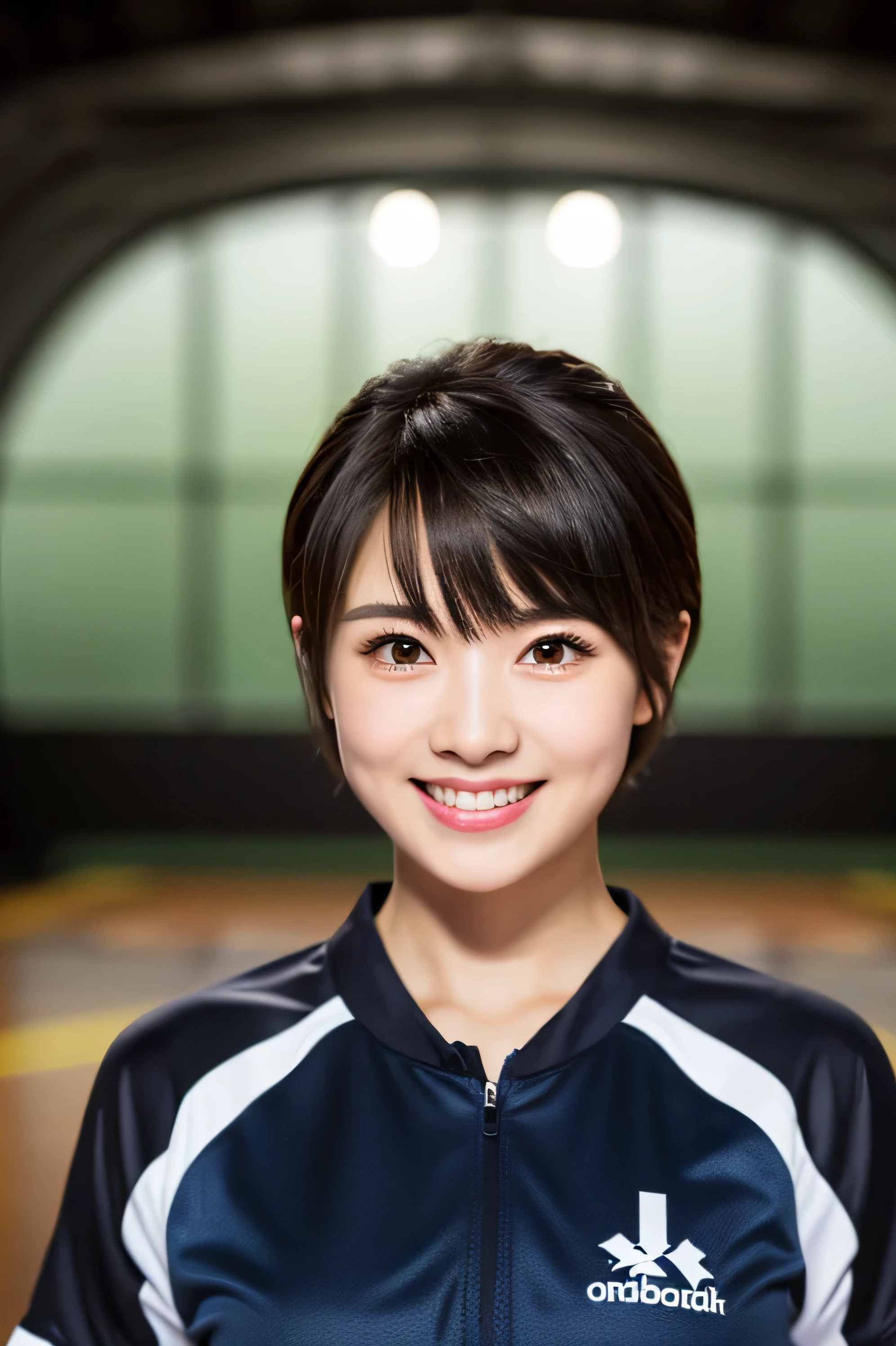 highest quality, masterpiece, ultra high resolution, 8k, to be born, (realistic:1.4), professional lighting, written boundary depth, (detailed background:1.5), (indoor, sports Center), tight, dynamic pose, 1 girl, cute, smile, Sweat, big black eyes, open your mouth, small breasts, short hair, short bangs, fine clothes, (volleyball uniform)