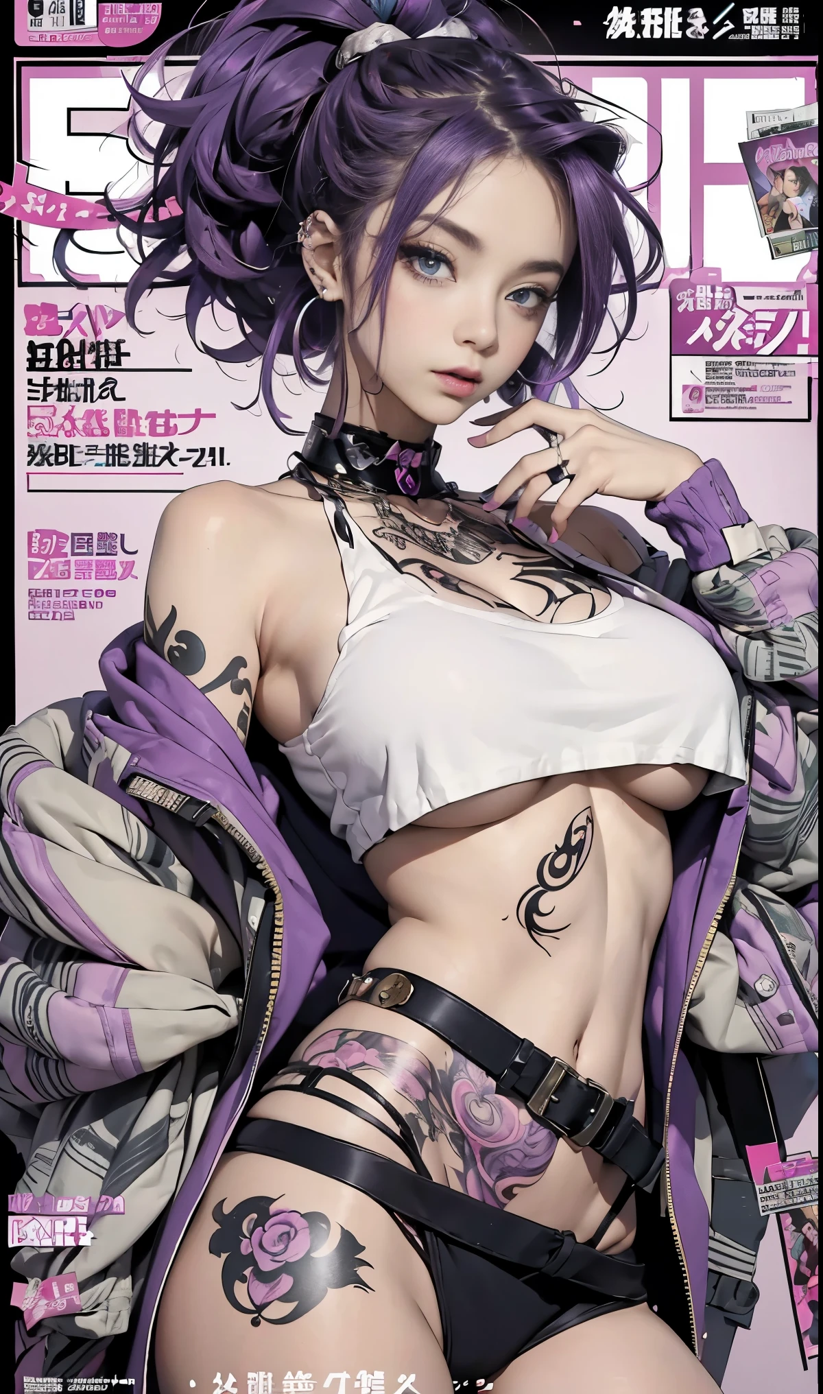Best quality, Works of masters, A high resolution, 1girl, Super beautiful face, super beautiful eye, Super beautiful purple mohawk hair,(MagazineCover:1.2),Trendy Harajuku-inspired rock outfits,Expose shoulders, tons of tattoos and piercings, accentuated super huge enormously gigantic nude tits and nipples exposed