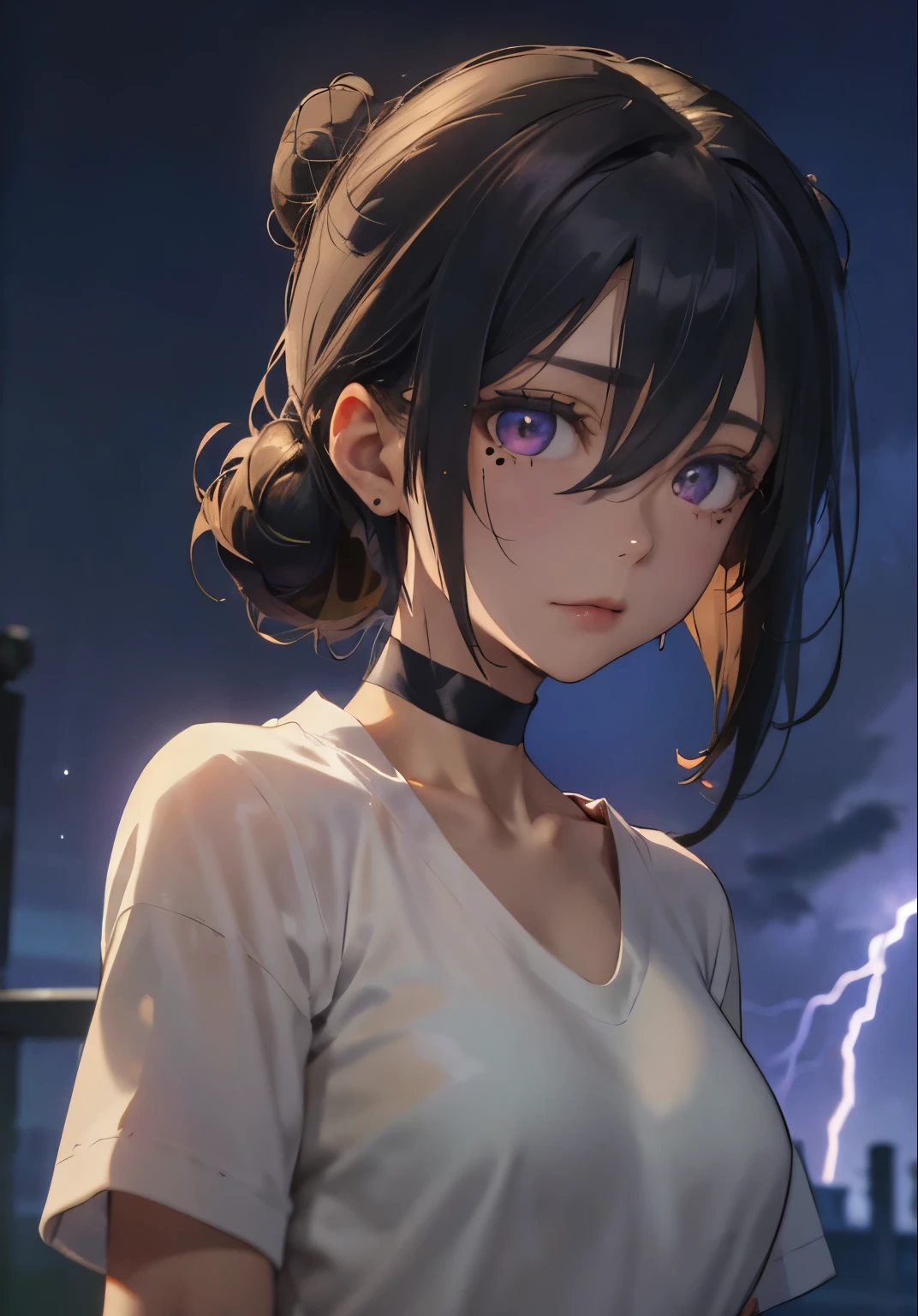 ((masterpiece)), ((ultra-detailed)), pixiv, best shadows, best lighting, best quality, absurdres, highres, cinematic shot, rim lightning, , dark lightning, 1girl, solo, black hair, choker, black choker, looking at viewer, hair bun, medium hair, single hair bun, shirt, mole under mouth, purple background, upper body, hair between eyes, mole