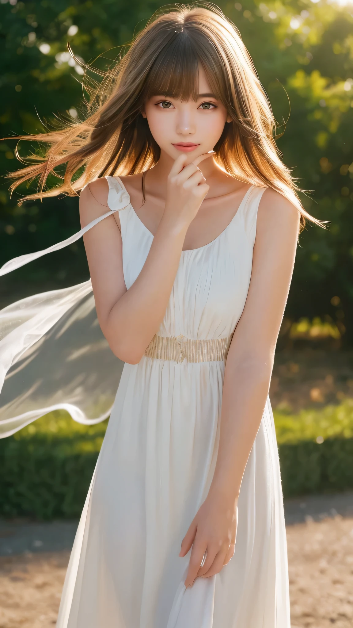 masterpiece, highest quality, 8k wallpaper, Seductive full body portrait of cute and sexy 21 year old young woman. Her hair sways in the wind and sparkles with golden highlights., casually brushing her beautiful face、Her side-parted bangs cover one eye and are playfully framed.。. It was shining in the morning sun, silky, bob cut, Delicate threads that shine in the light. pretty dress, smile, Random style.