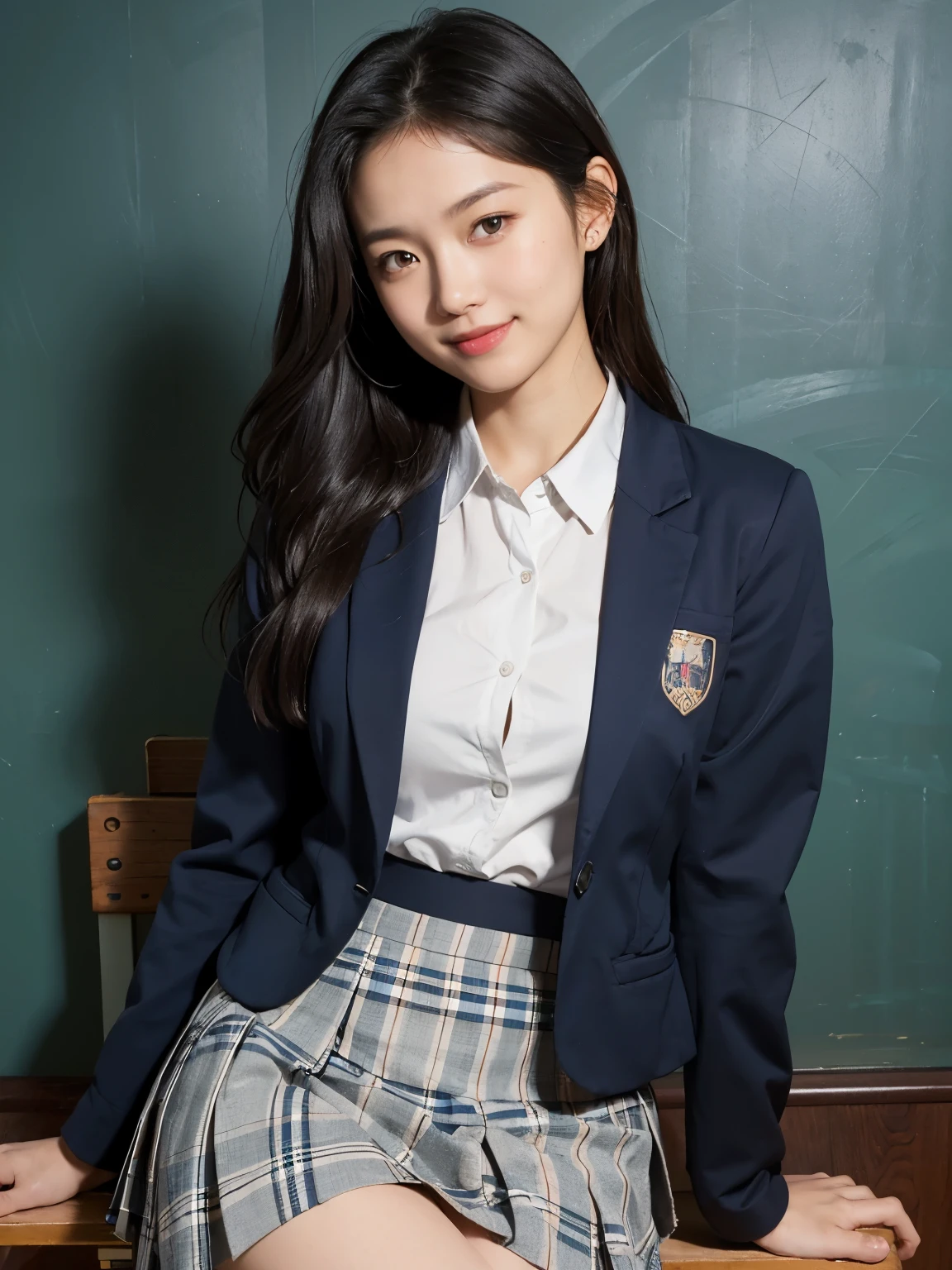 (((highest quality)))(((Raw photo)))(((details face)))(((Big eyes)))(((gentle eyes)))(((baby face)))(((detailed body)))(((model body shape)))(((sexy body)))(((big breasts)))(((beautiful clavicle)))(((NSFW)))(((long hair that reaches to the waist)))(((Japanese girls' high with her back to the blackboard and reflected in the camera 1.0)))(((sit backwards in a chair0.8)))(((Leaning on the backrest 1.0)))(((Detailed school uniform 1.0)))(((blazer jacket 1.0)))(((Blazer uniform with school emblem 0.5)))(((white shirt)))(((plaid skirt 0.5)))(((cool posing shot 1.0)))(((a smile of compassion)))