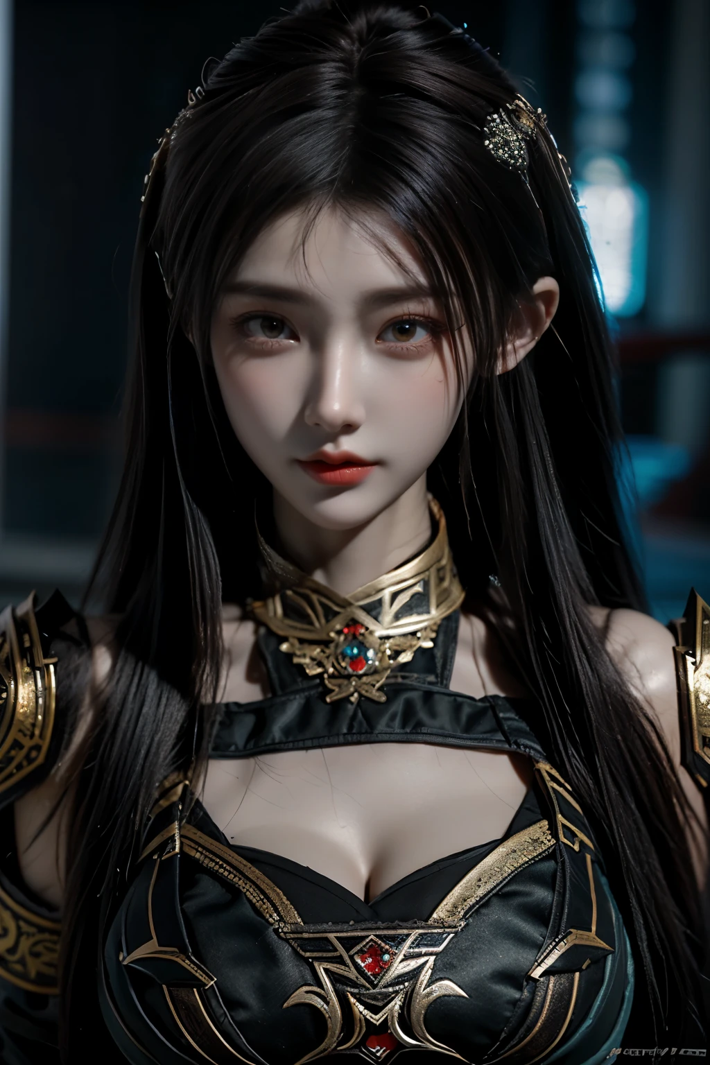 Masterpiece,Game art,The best picture quality,Highest resolution,8K,(Portrait),Unreal Engine 5 rendering works,(Digital Photography),((Portrait Feature:1.5)),
20 year old girl,Short hair details,With long bangs,(The red eye makeup is very meticulous),(With long gray hair:1.4),(Large, full breasts),Elegant and noble,Brave and charming,
(Future armor combined with the characteristics of ancient Chinese armor,Hollow design,Power Armor,The mysterious Eastern runes,A delicate dress pattern,A flash of magic),Warrior of the future,Cyberpunk figures,Background of war,
Movie lights，Ray tracing，Game CG，((3D Unreal Engine))，OC rendering reflection pattern