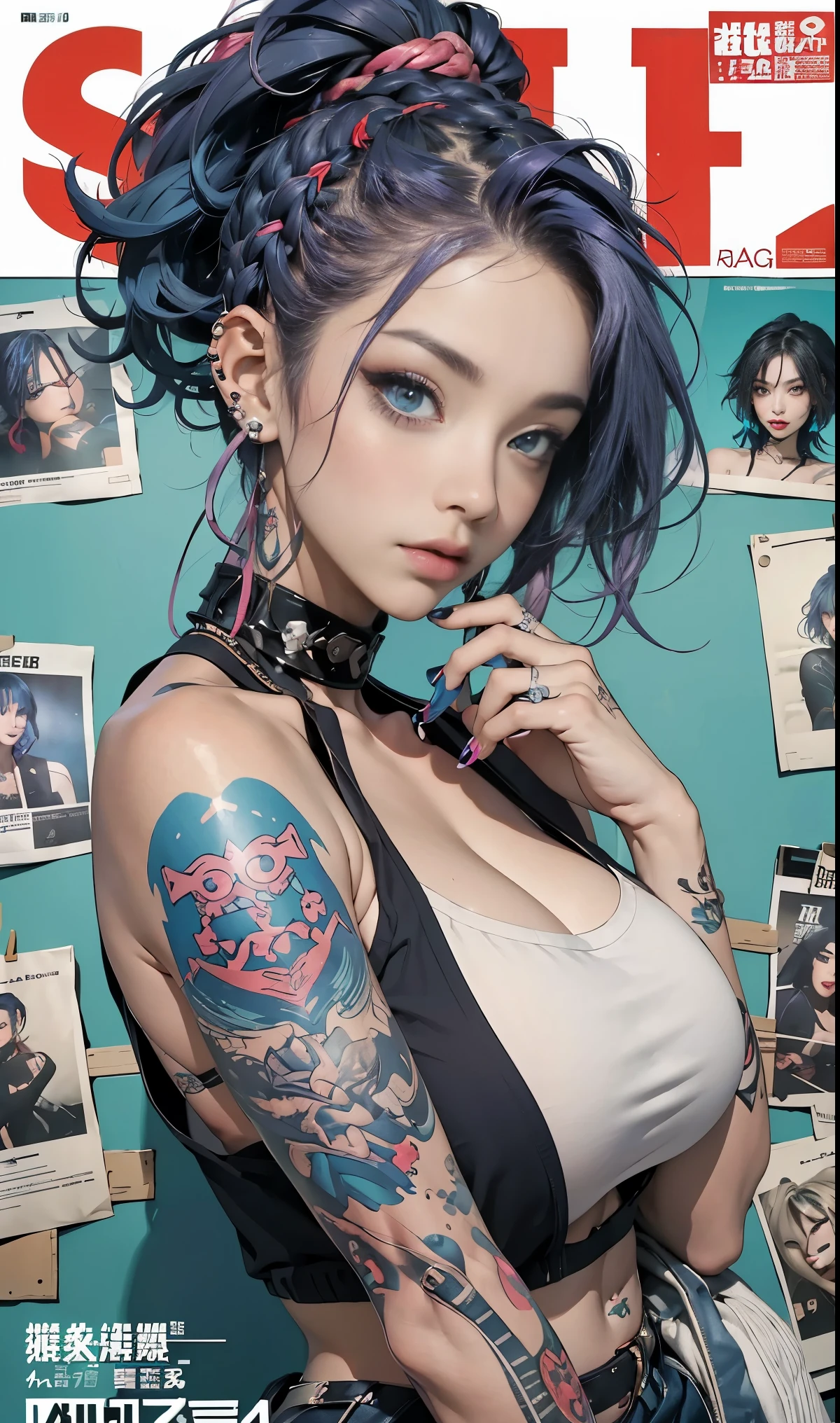 Best quality, Works of masters, A high resolution, 1girl, Super beautiful face, super beautiful eye, Super beautiful blue mohawk hair，(MagazineCover:1.2)，Trendy Harajuku-inspired rock outfits，Expose shoulders, tons of tattoos and piercings, accentuated super huge enormously gigantic nude tits and nipples exposed 