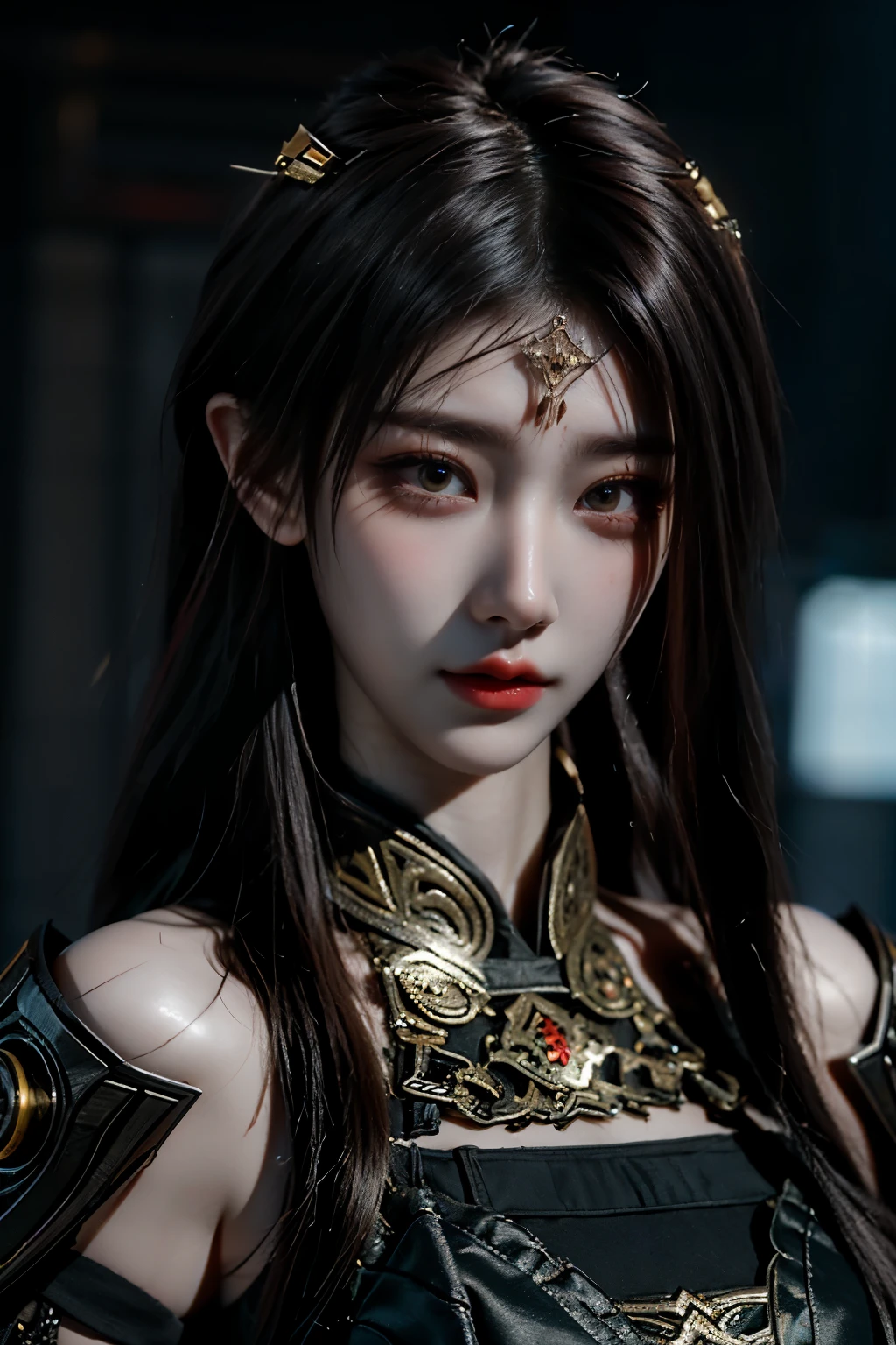 Masterpiece,Game art,The best picture quality,Highest resolution,8K,(Portrait),Unreal Engine 5 rendering works,(Digital Photography),((Portrait Feature:1.5)),
20 year old girl,Short hair details,With long bangs,(The red eye makeup is very meticulous),(With long gray hair:1.4),(Large, full breasts),Elegant and noble,Brave and charming,
(Future armor combined with the characteristics of ancient Chinese armor,Hollow design,Power Armor,The mysterious Eastern runes,A delicate dress pattern,A flash of magic),Warrior of the future,Cyberpunk figures,Background of war,
Movie lights，Ray tracing，Game CG，((3D Unreal Engine))，OC rendering reflection pattern