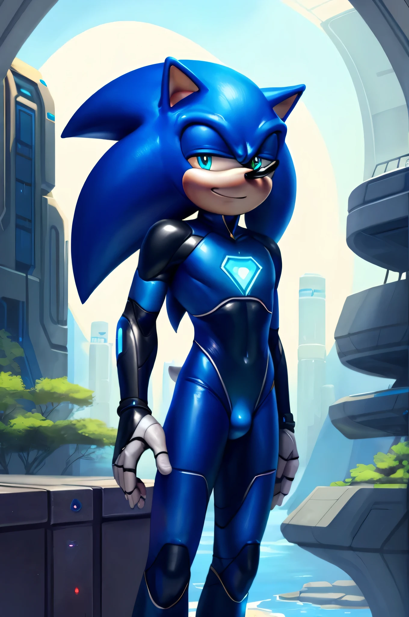 A solo male ((sonic the hedgehog art style)) anthro android ((cyan bluehedgehog)), with glowing blue eyes, white muzzle, wearing a (((sci-fi bodysuit))) stands in a futuristic landscape. The android's bodysuit is adorned with (((blue, and white coloring))), a moderately sized crotch bulge, and intricate android seams, creating a futuristic look. the android has a seductive smirk on his face.