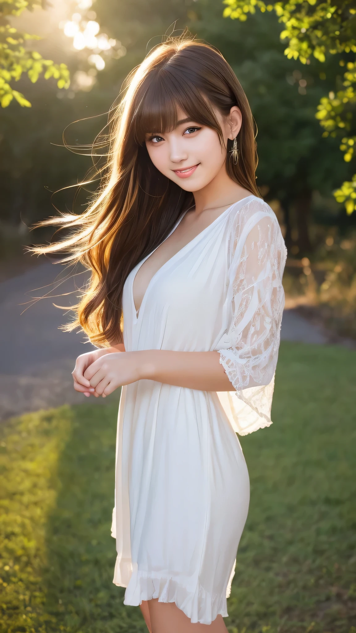 masterpiece, highest quality, 8k wallpaper, Seductive full body portrait of cute and  21 year old young woman. Her hair sways in the wind and sparkles with golden highlights., casually brushing her beautiful face、Her side-parted bangs cover one eye and are playfully framed.。. It was shining in the morning sun, silky, bob cut, Delicate threads that shine in the light. pretty dress, smile, Random style,smile,