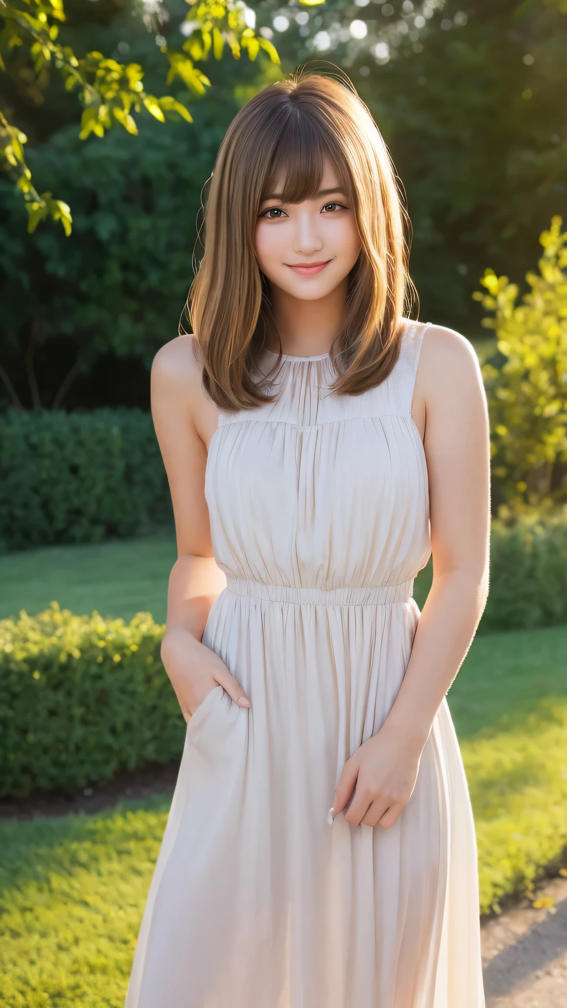 masterpiece, highest quality, 8k wallpaper, Seductive full body portrait of cute and sexy 21 year old young woman. Her hair sways in the wind and sparkles with golden highlights., casually brushing her beautiful face、Her side-parted bangs cover one eye and are playfully framed.。. It was shining in the morning sun, silky, bob cut, Delicate threads that shine in the light. pretty dress, smile, Random style,smile,
