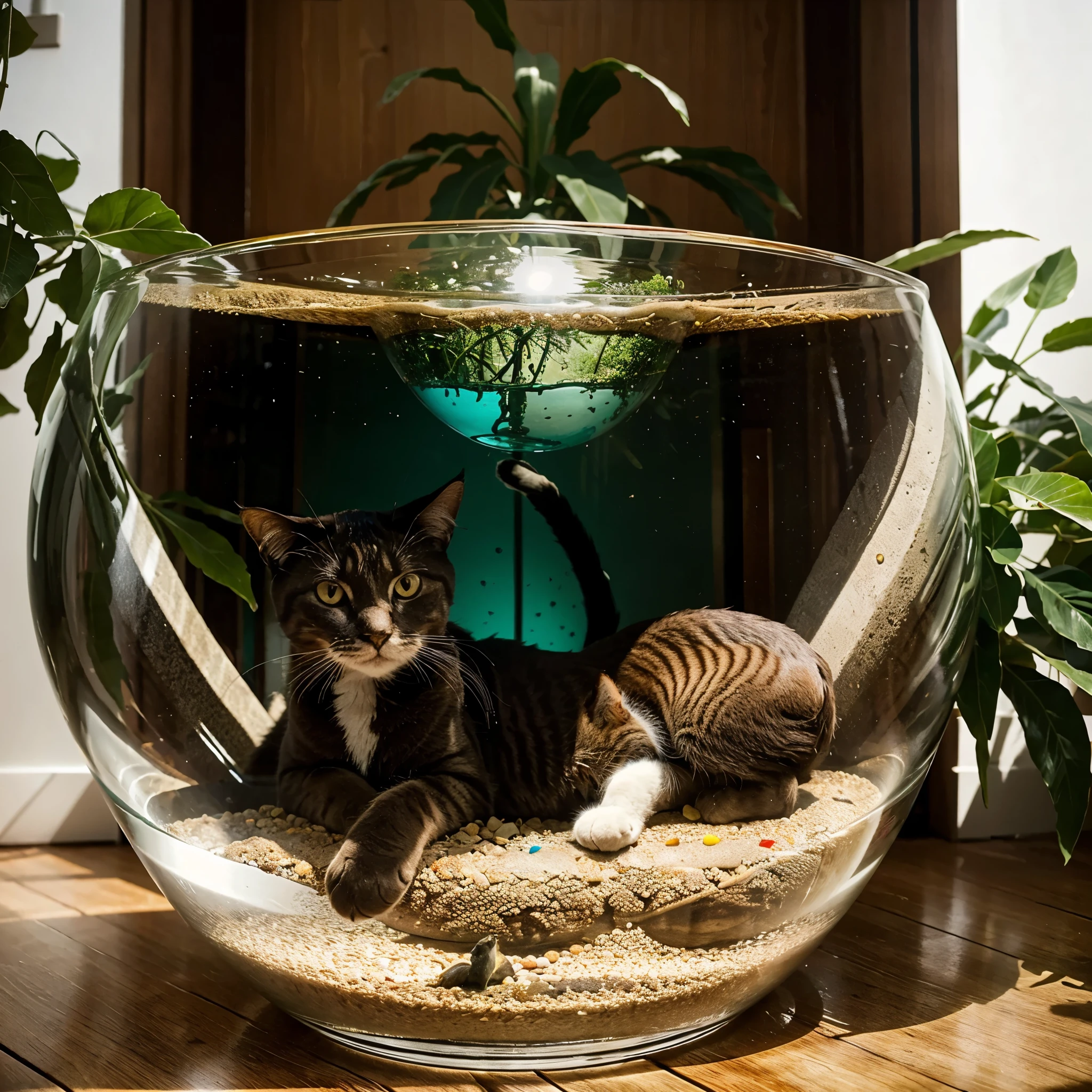 A cat sitting in a giant glass bowl. The fish are watching him from outside
