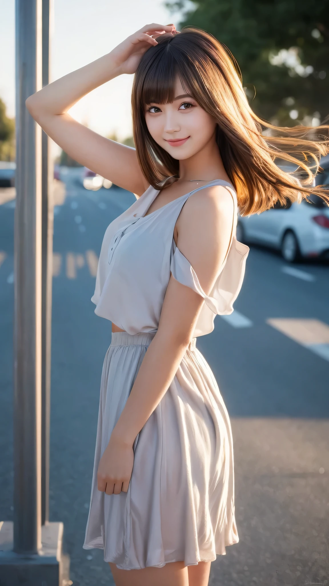 masterpiece, highest quality, 8k wallpaper, Seductive full body portrait of cute and sexy 21 year old young woman. Her hair sways in the wind and sparkles with golden highlights., casually brushing her beautiful face、Her side-parted bangs cover one eye and are playfully framed.。. It was shining in the morning sun, silky, bob cut, Delicate threads that shine in the light, mini skirt, smile, Random style, smile,