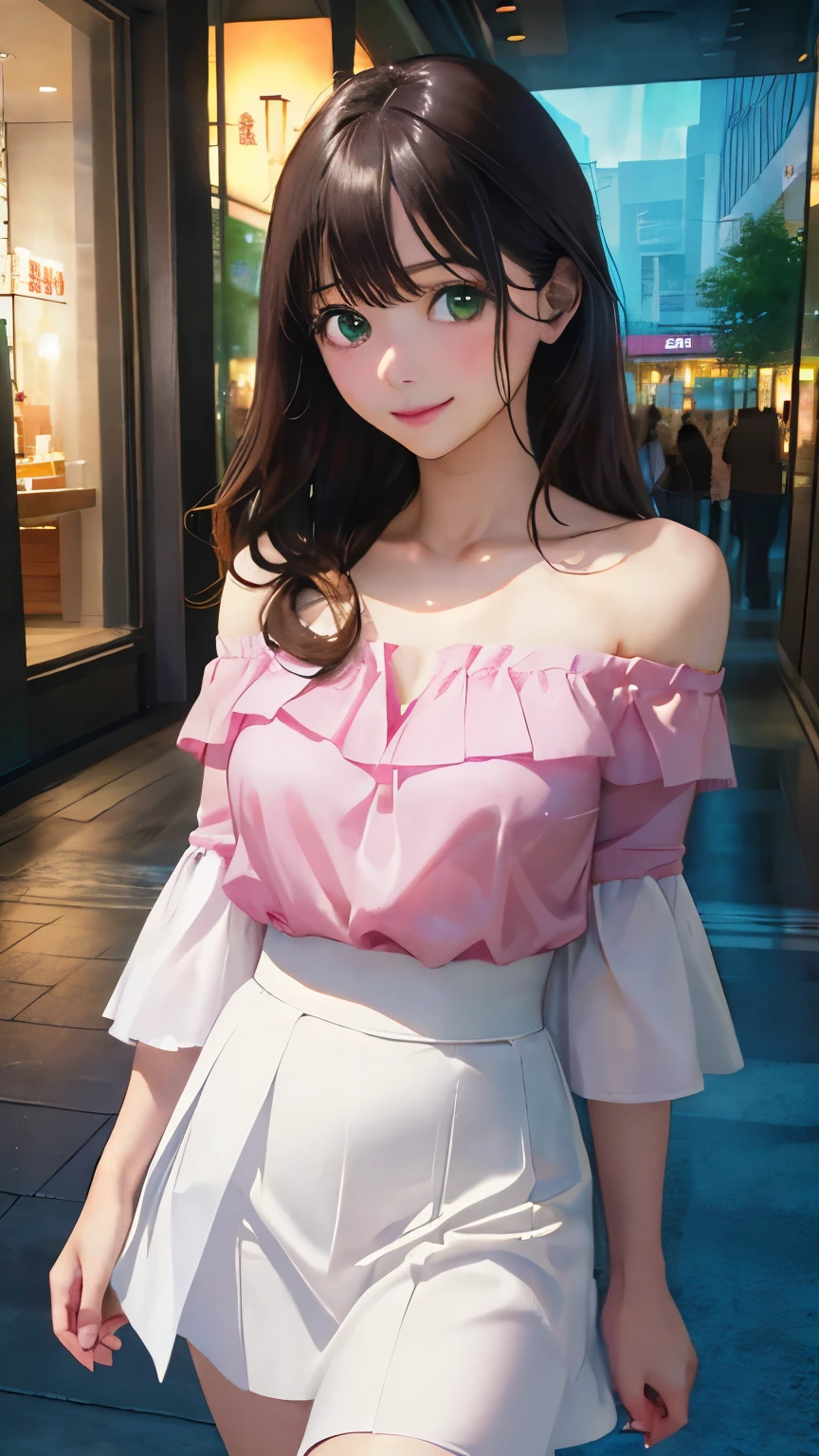 (masterpiece:1.2, top-quality), (realistic, photorealistic:1.4), beautiful illustration, (natural side lighting, movie lighting), nsfw, 
looking at viewer, 1 girl, japanese, high school girl, perfect face, cute and symmetrical face, shiny skin, 
(long hair:1.5, straight hair:1.4, wine brown hair), swept bangs, emerald greeneyes, long eye lasher, (medium breasts), slender, 
beautiful hair, beautiful face, beautiful detailed eyes, beautiful clavicle, beautiful body, beautiful chest, beautiful thigh, beautiful legs, beautiful fingers, 
((pink off-the-shoulder blouse, white skirt)), 
(beautiful scenery), evening, (shopping mall), walking, (lovely smile, upper eyes),