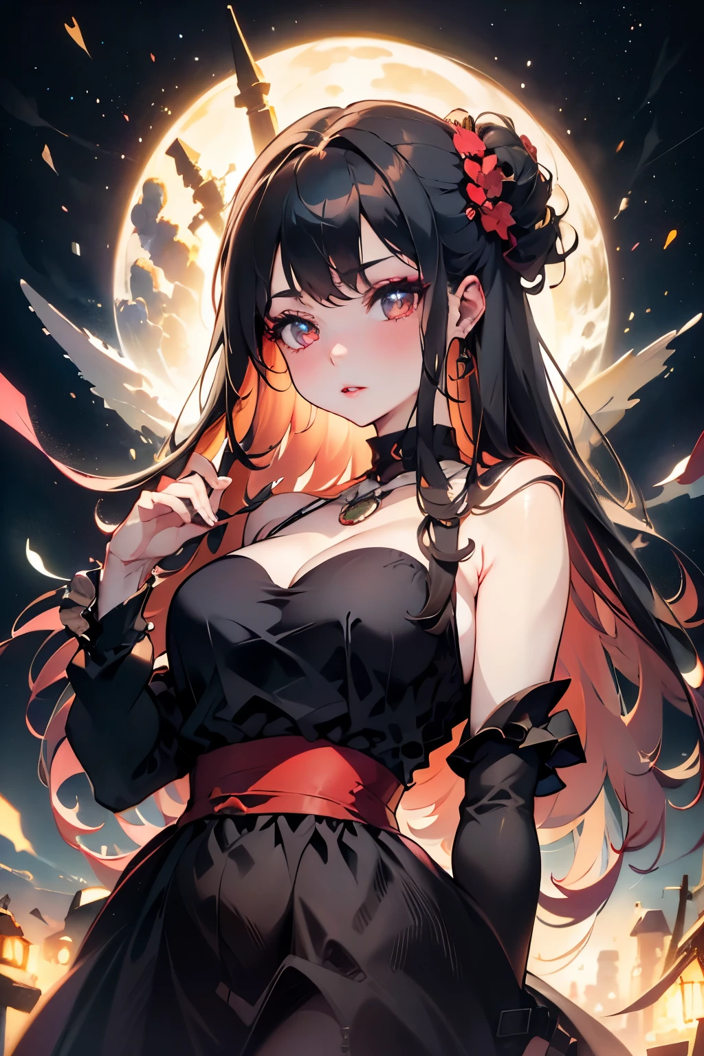 one girls:1.5、Cute 、１４age、parfect anatomy、Red Eye Shadow、red lipsticks、slightly pink cheeks、de pele branca、Black Dress、Eight-headed body、、Unique hairstyle、a choker、top-quality、ultra-detailliert、High quality detailing、portlate、masuter piece