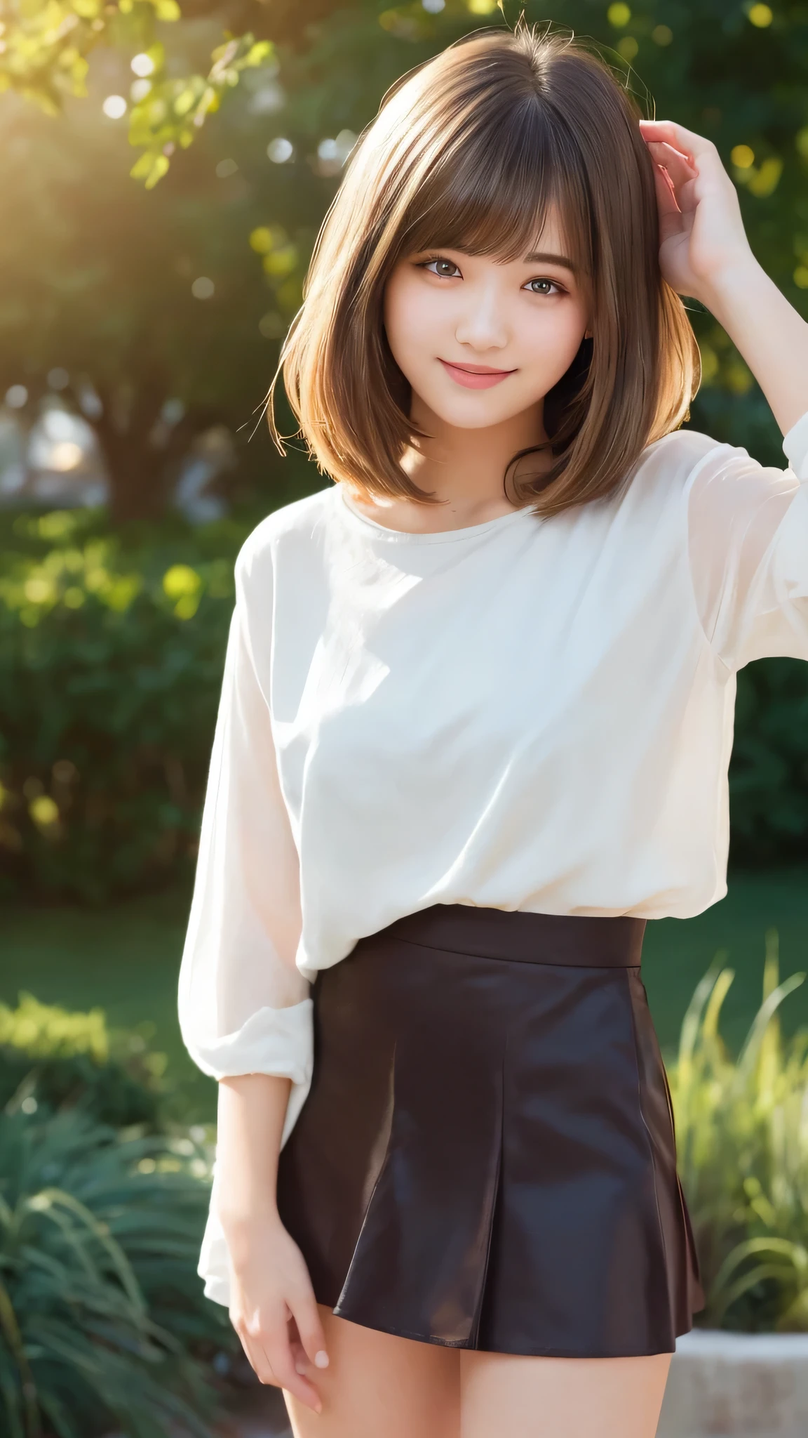 masterpiece, highest quality, 8k wallpaper, Seductive full body portrait of cute and sexy 21 year old young woman. Her hair sways in the wind and sparkles with golden highlights., casually brushing her beautiful face、Her side-parted bangs cover one eye and are playfully framed.。. It was shining in the morning sun, silky, bob cut, Delicate threads that shine in the light, mini skirt, smile, Random style, smile,