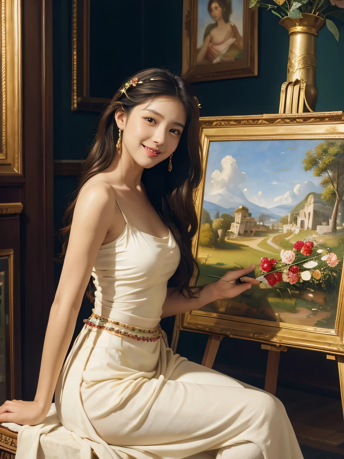 Giorgione painting style,roses in vase、fruits、Cute trinkets、smile、ancient greek costume、Clothes that stretch your shoulders、A big smile、beautiful bare skin,Female painter painting oil in her studio,Woman painting in oil with oil brush and palette,Woman painting oil on canvas