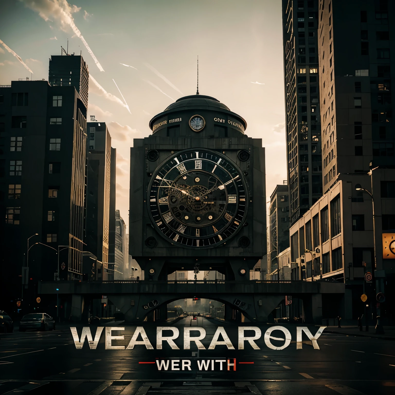 war dystopian no people big clock in the middle