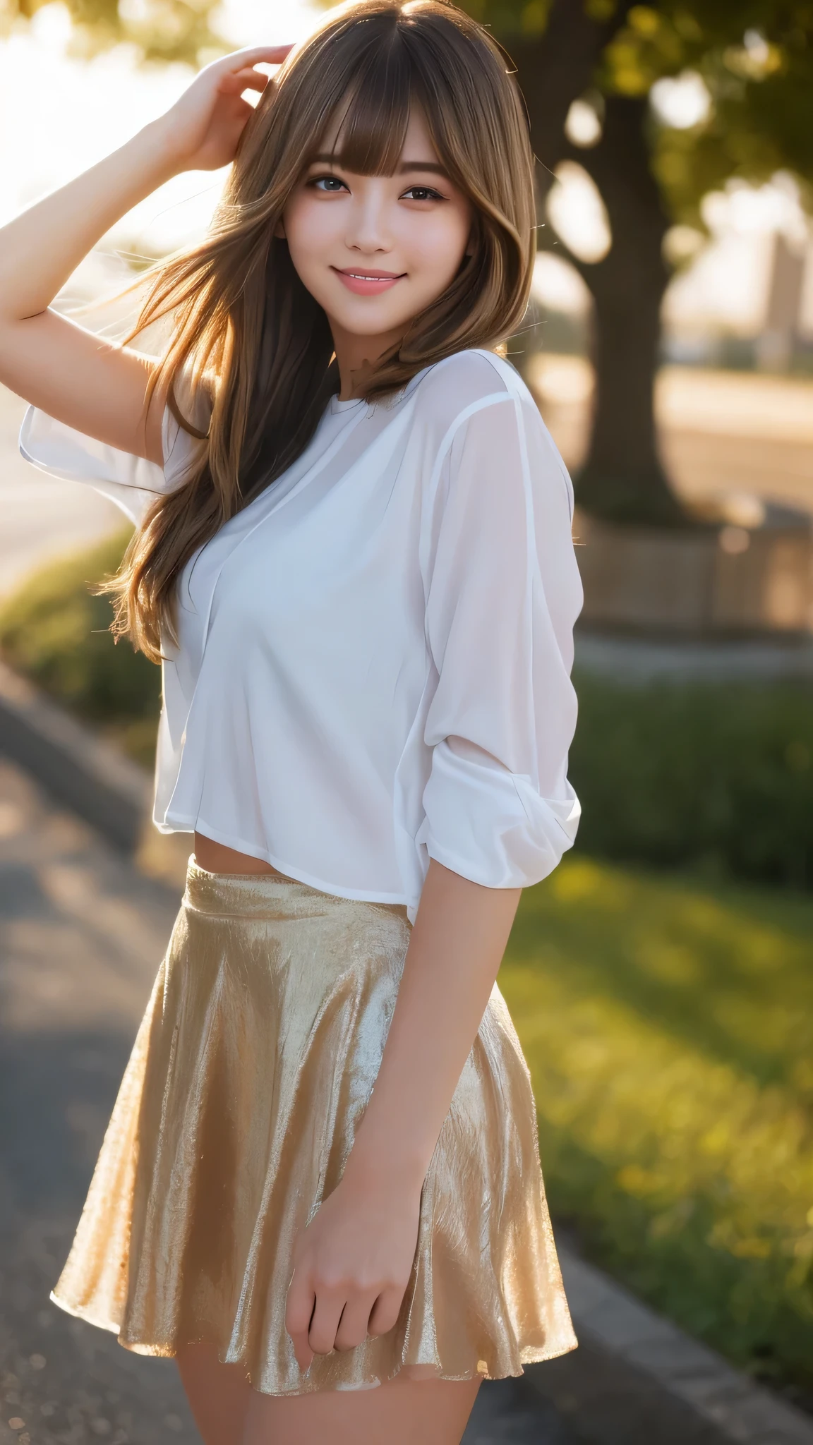 masterpiece, highest quality, 8k wallpaper, Seductive full body portrait of cute and sexy 21 year old young woman. Her hair sways in the wind and sparkles with golden highlights., casually brushing her beautiful face、Her side-parted bangs cover one eye and are playfully framed.。. It was shining in the morning sun, silky, bob cut, Delicate threads that shine in the light, mini skirt, smile, Random style, smile,
