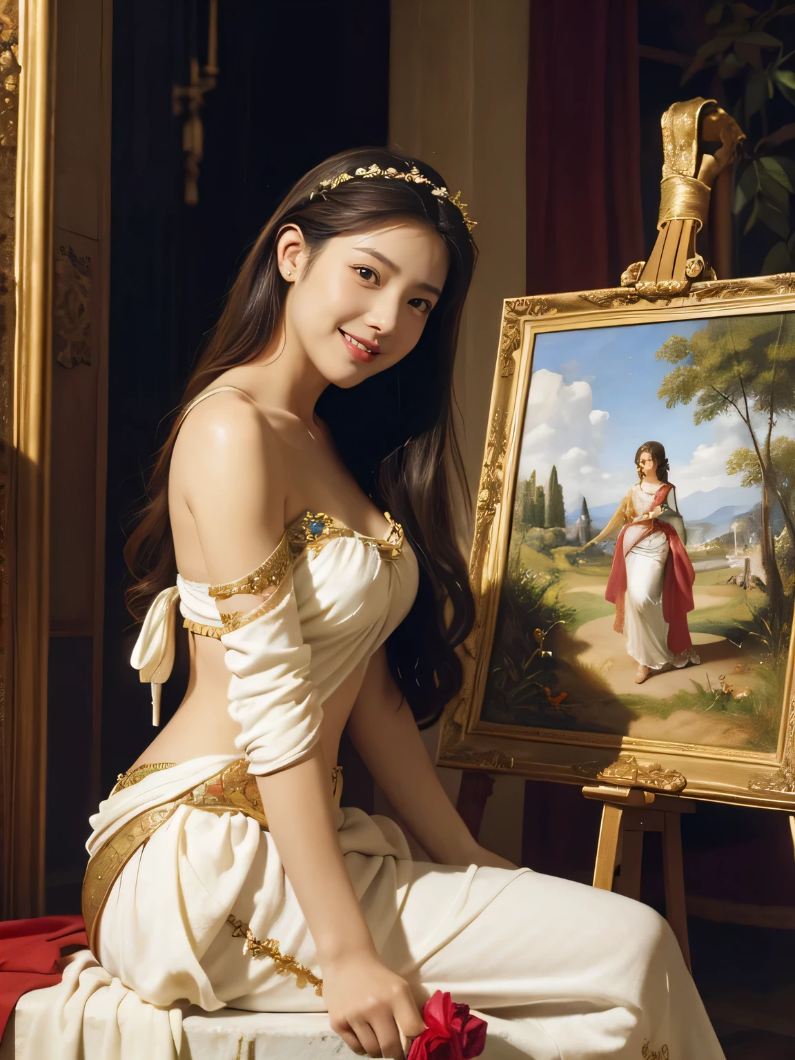 Giorgione painting style,roses in vase、fruits、Cute trinkets、smile、ancient greek costume、Clothes that stretch your shoulders、A big smile、beautiful bare skin,Female painter painting oil in her studio,Woman painting in oil with oil brush and palette,Woman painting oil on canvas