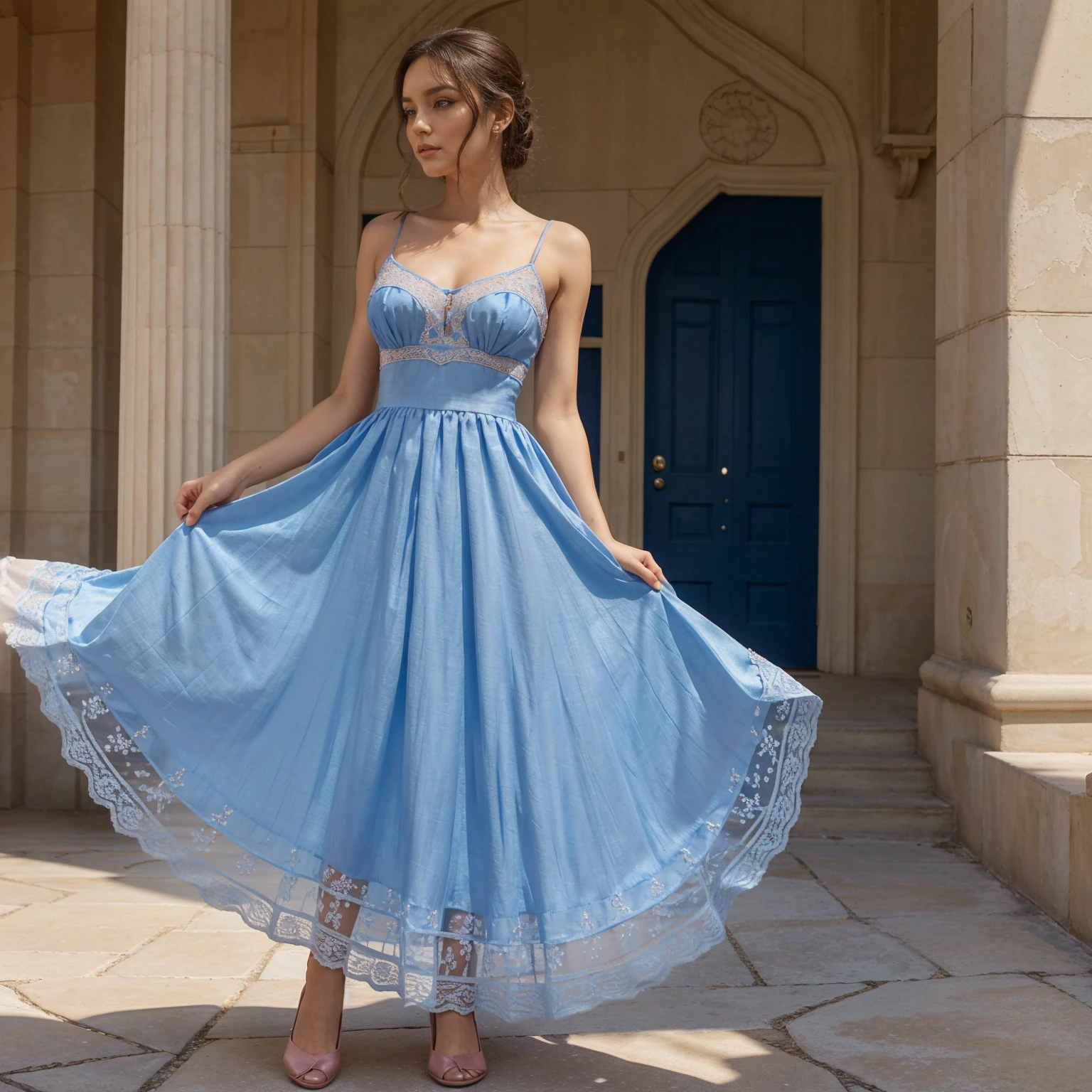 Design a breathtakingly beautiful dress for a girl that combines the elegance of silk and the comfort of cotton, taking inspiration from a maxi dress silhouette, The dress features a mesmerizing color combination that reflects the wearer's vibrant personality and adds an element of uniqueness, Picture a blend of deep royal blue silk fabric and a soft blush pink cotton material. The rich, lustrous sheen of the silk creates a stunning contrast against the subtle matte finish of the cotton, The silhouette of the dress is reminiscent of a flowing maxi dress, with a fitted bodice that accentuates the girl's figure and a gracefully flared skirt that cascades to the floor, The bodice is crafted from the royal blue silk fabric, adorned with delicate embroidery or intricate lacework that adds an extra touch of elegance and sophistication, Transitioning from the waistline, the skirt seamlessly combines the royal blue silk with layers of the blush pink cotton fabric. Each layer of cotton creates a subtle ombre effect as it descends toward the hem, with the top layers maintaining the blush pink hue and gradually blending into the royal blue at the bottom, The dress is designed to be lightweight and comfortable, with the cotton fabric providing breathability and ease of movement. The silk fabric adds an element of luxury and drama, making the dress suitable for special occasions or formal events, To complete the ensemble, envision the dress with delicate spaghetti straps that showcase the shoulders, and a sweetheart neckline that adds a touch of femininity, The back of the dress can feature a low, elegant scoop or a delicate lace-up detail, adding an element of allure, "This stunning dress, combining the regal allure of silk and the softness of cotton, with its captivating color combination and flowing silhouette, is sure to make the girl wearing it feel like a true vision of beauty", Ultra realistic, hd quality, 8k, detailed image, masterpiece, unique art(zoomable:1 micrometer)
