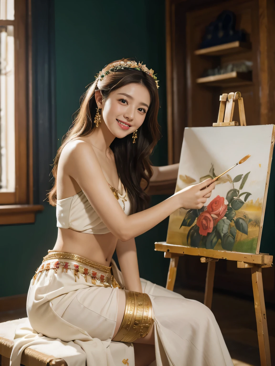 Giorgione painting style,roses in vase、fruits、Cute trinkets、smile、ancient greek costume、Clothes that stretch your shoulders、A big smile、beautiful bare skin,Female painter painting oil in her studio,Woman painting in oil with oil brush and palette,Woman painting oil on canvas