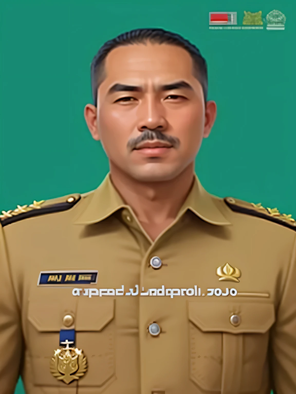 a close up of a man in a uniform standing in front of a green background, wadim, cop, full protrait, ramil sunga, raden saleh, jakarta, image, andy worhol, official photo, general, john jude palencar, protrait, sergeant, backdrop, engineer, masanori warugai, portrait n - 9